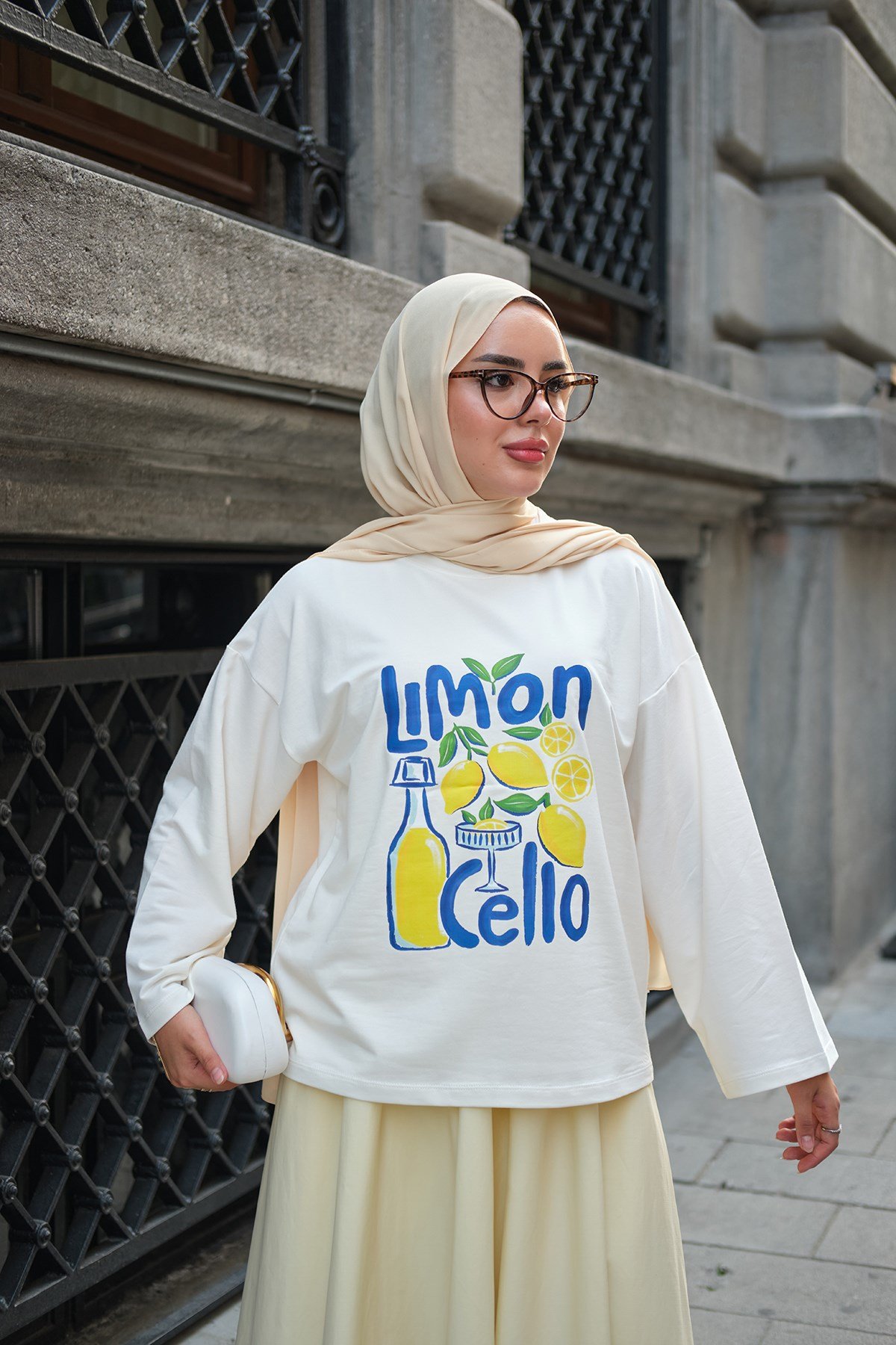 Limon Desen Uzun Kollu Body Ekru
