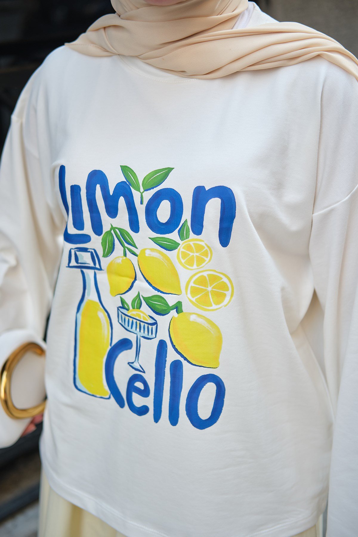 Limon Desen Uzun Kollu Body Ekru