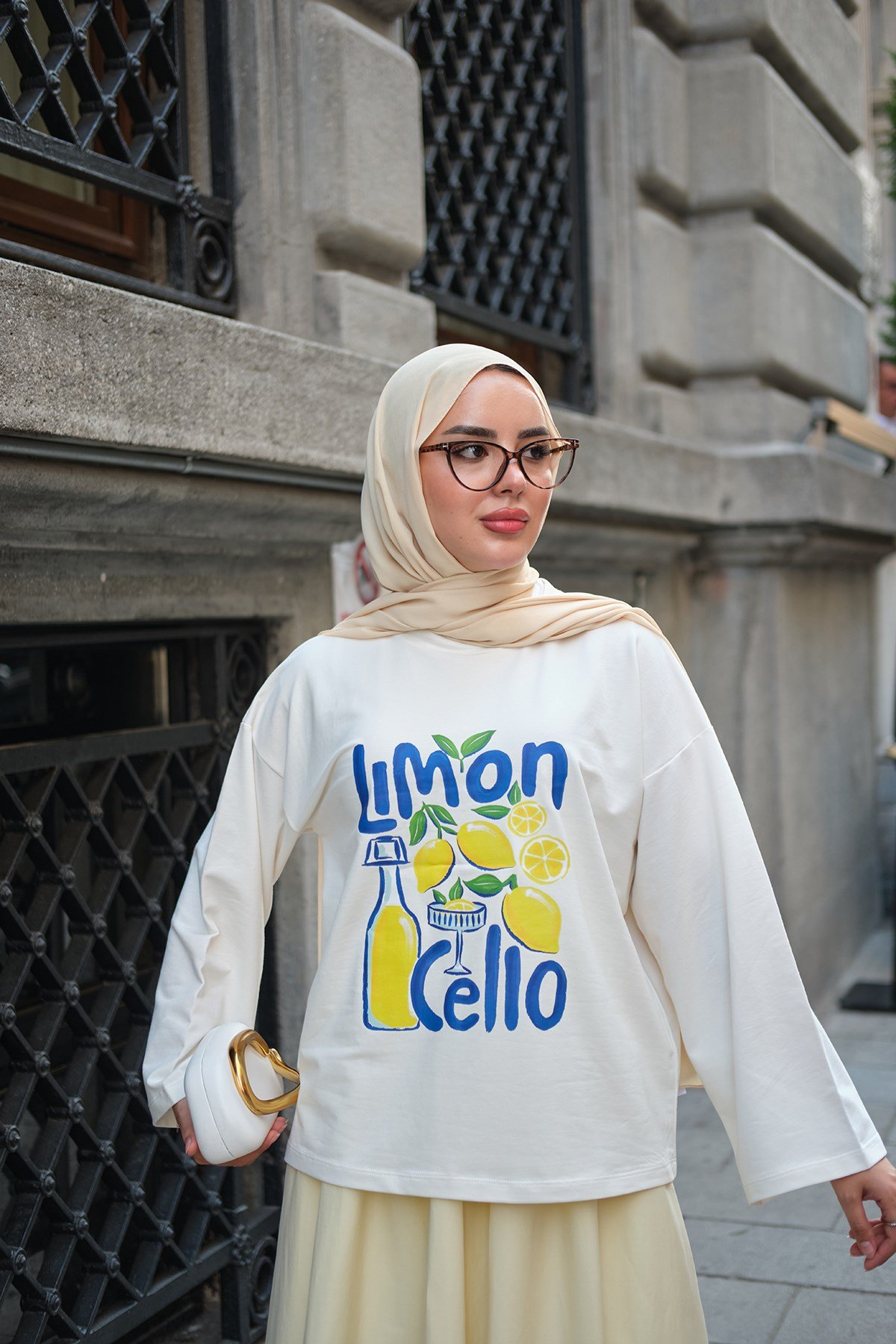 Limon Desen Uzun Kollu Body Ekru