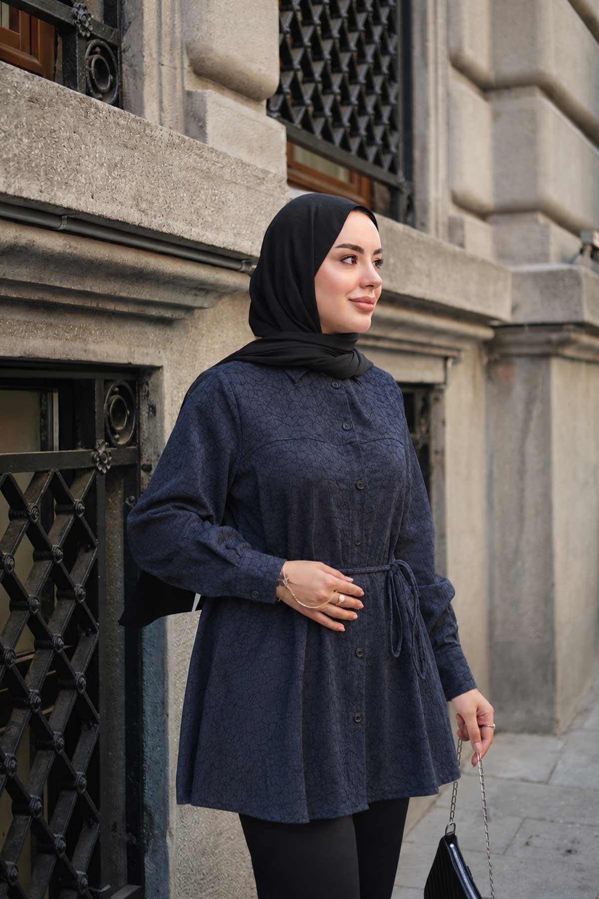 Lotus Çiçek Desen Bel Bağlamalı Gömlek Lacivert