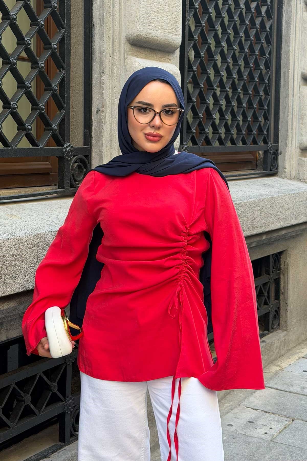 Modal Büzgülü Tunik Kırmızı
