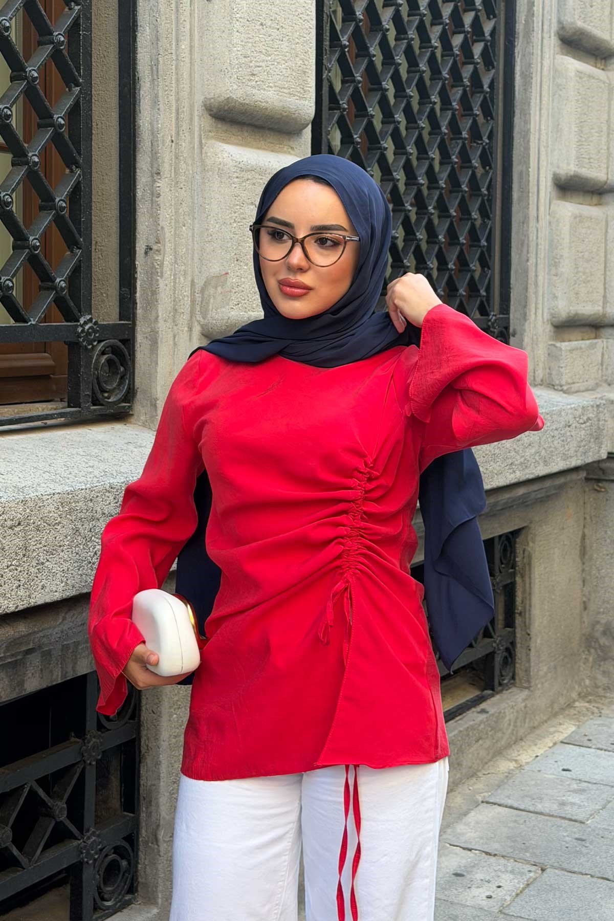 Modal Büzgülü Tunik Kırmızı