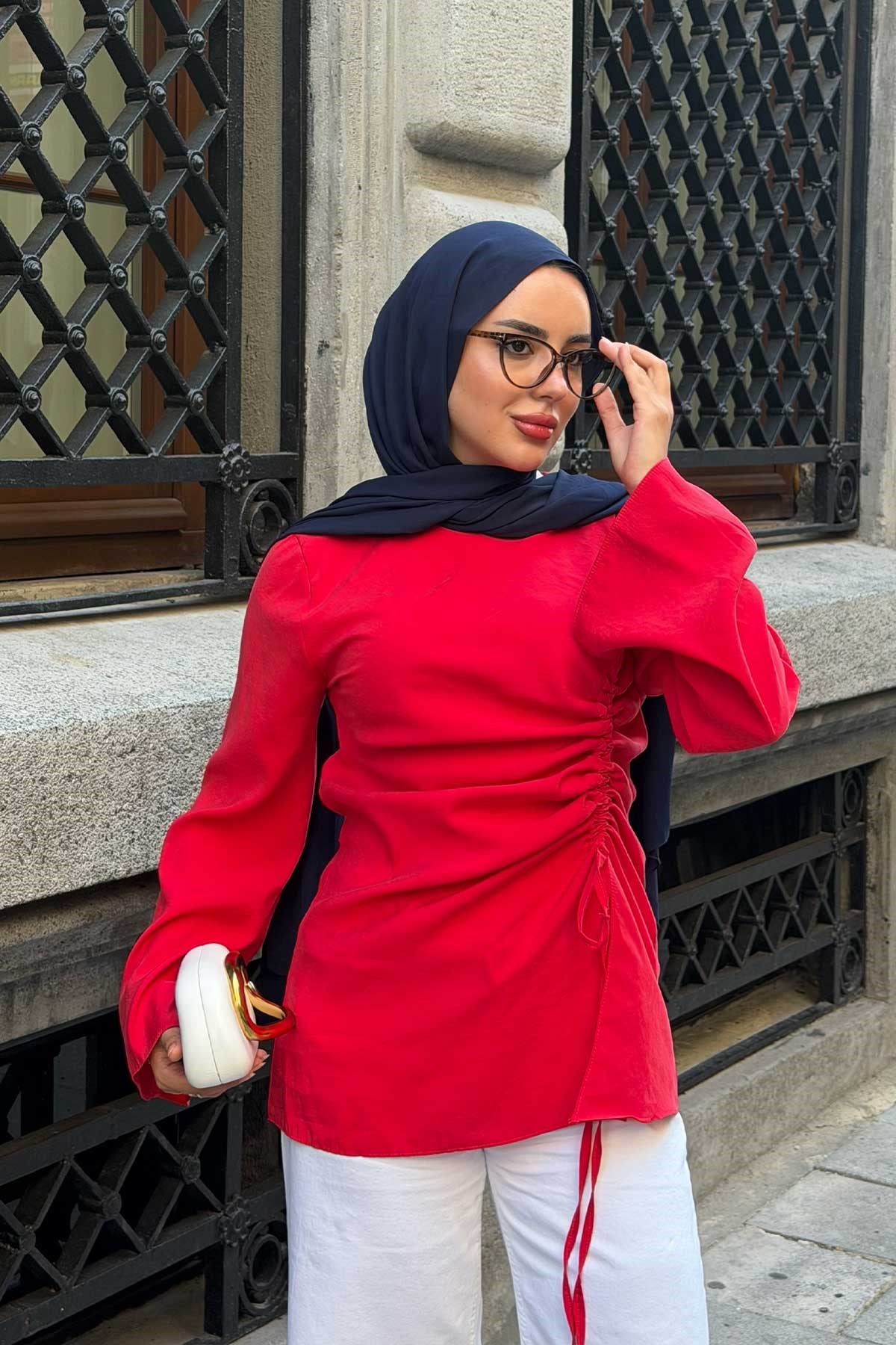 Modal Büzgülü Tunik Kırmızı