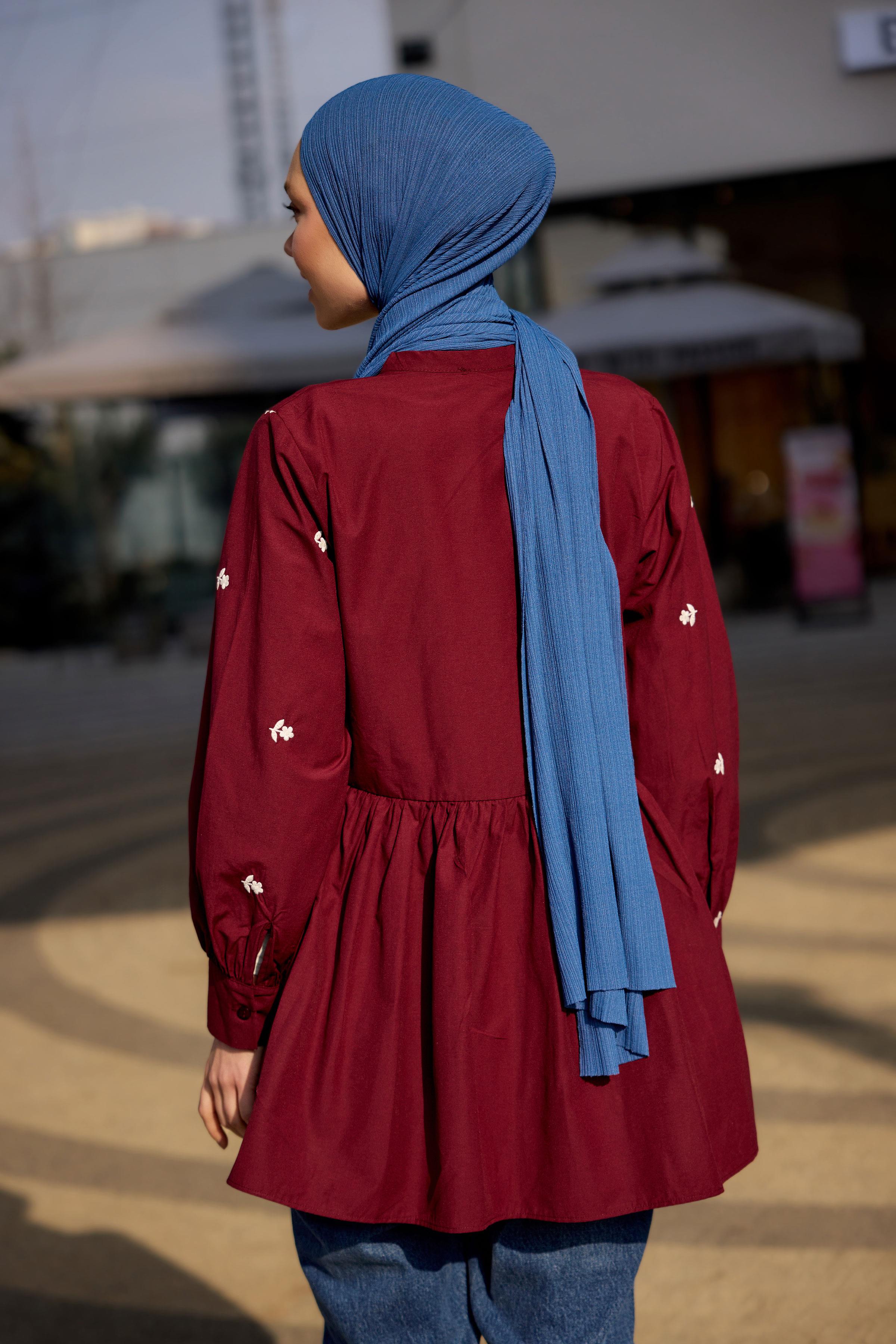 Nakış İşlemeli Yandan Bağlamalı Tunik Bordo