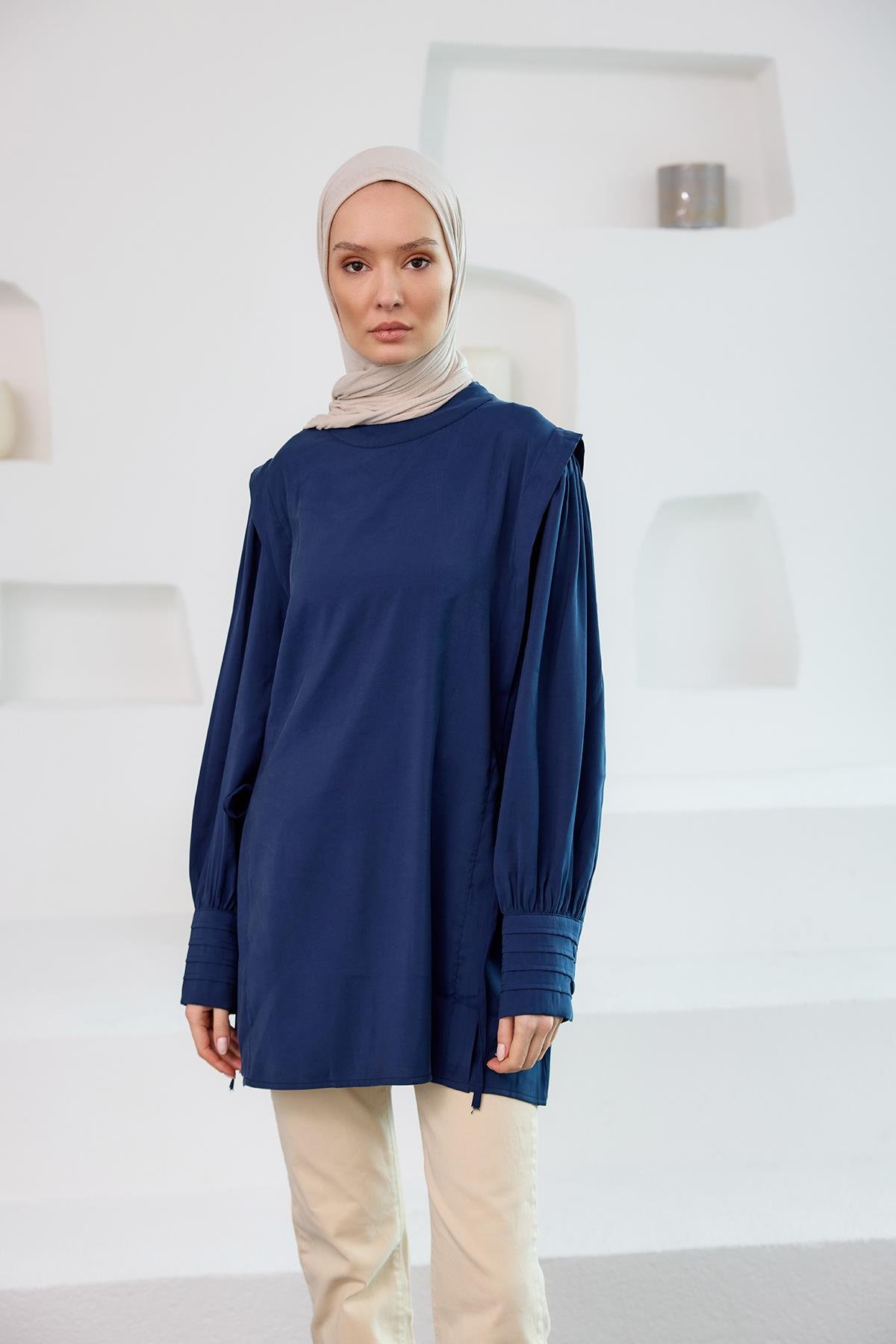 Nervur Detay Cupra Tencel Tunik Lacivert