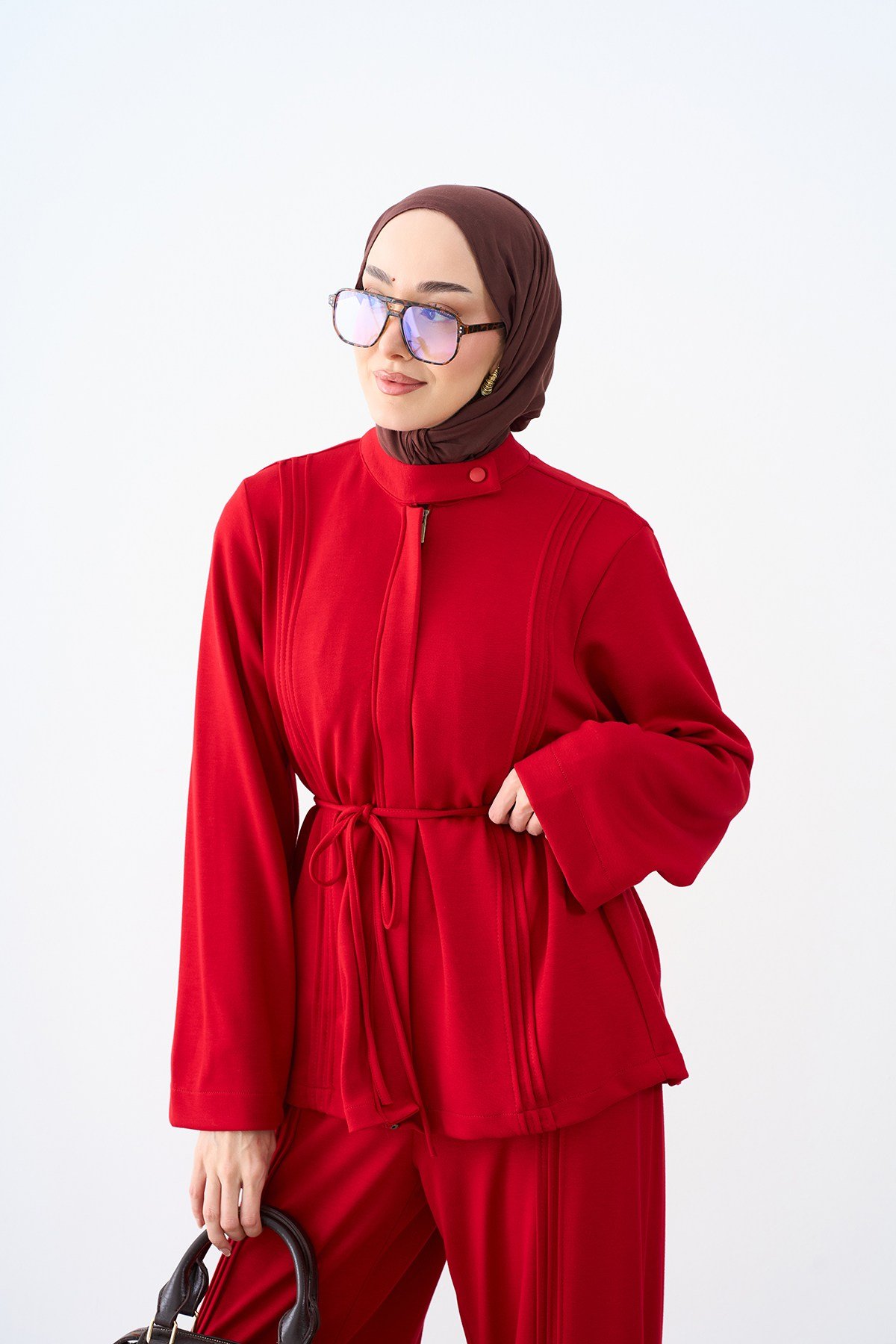 Nervurlu Bisiklet Yaka Takım Kırmızı