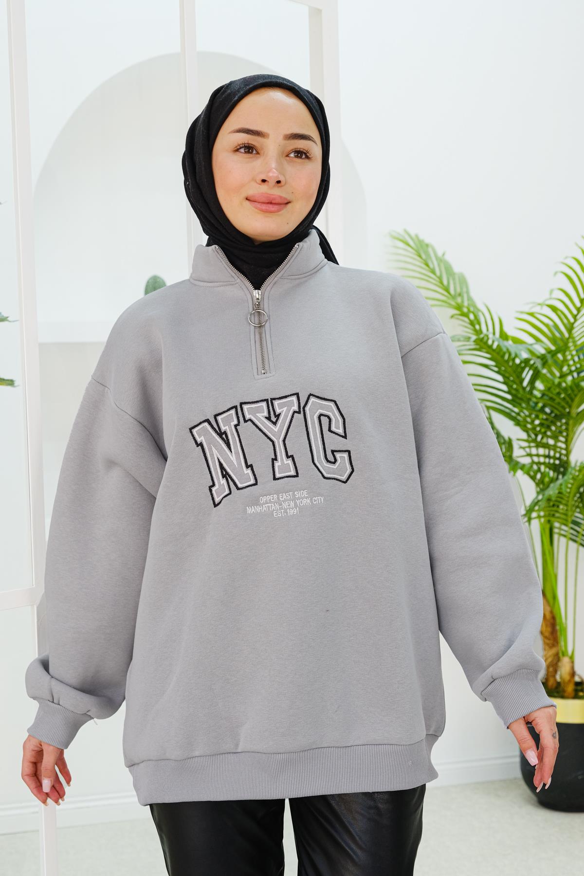 NYC Baskılı Yarım Fermuarlı Sweat Gri