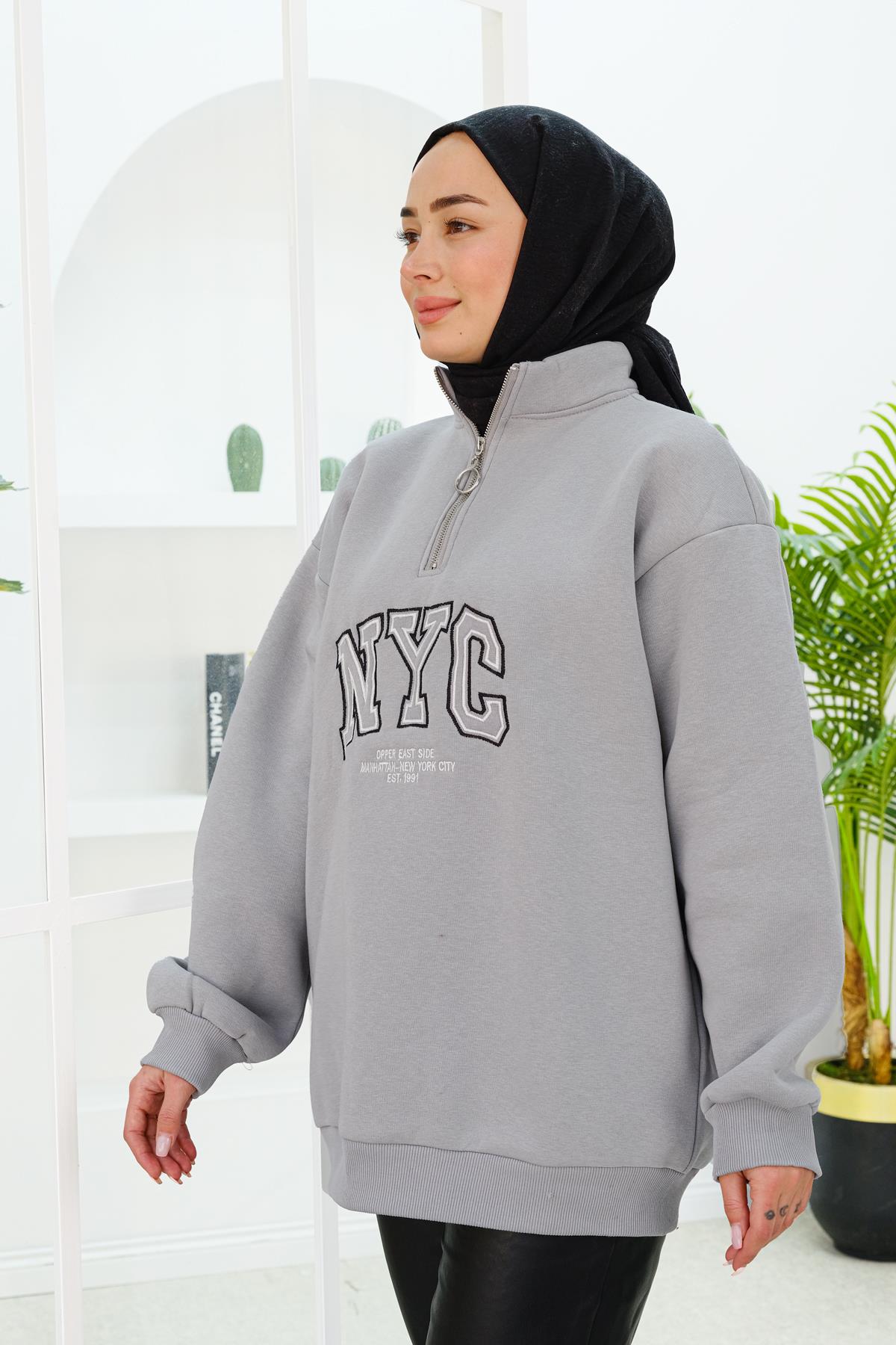 NYC Baskılı Yarım Fermuarlı Sweat Gri