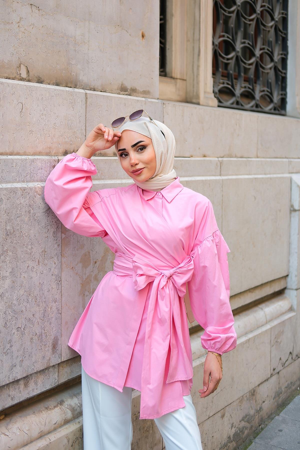 Omuz Bağlamalı Poplin Gömlek Pembe