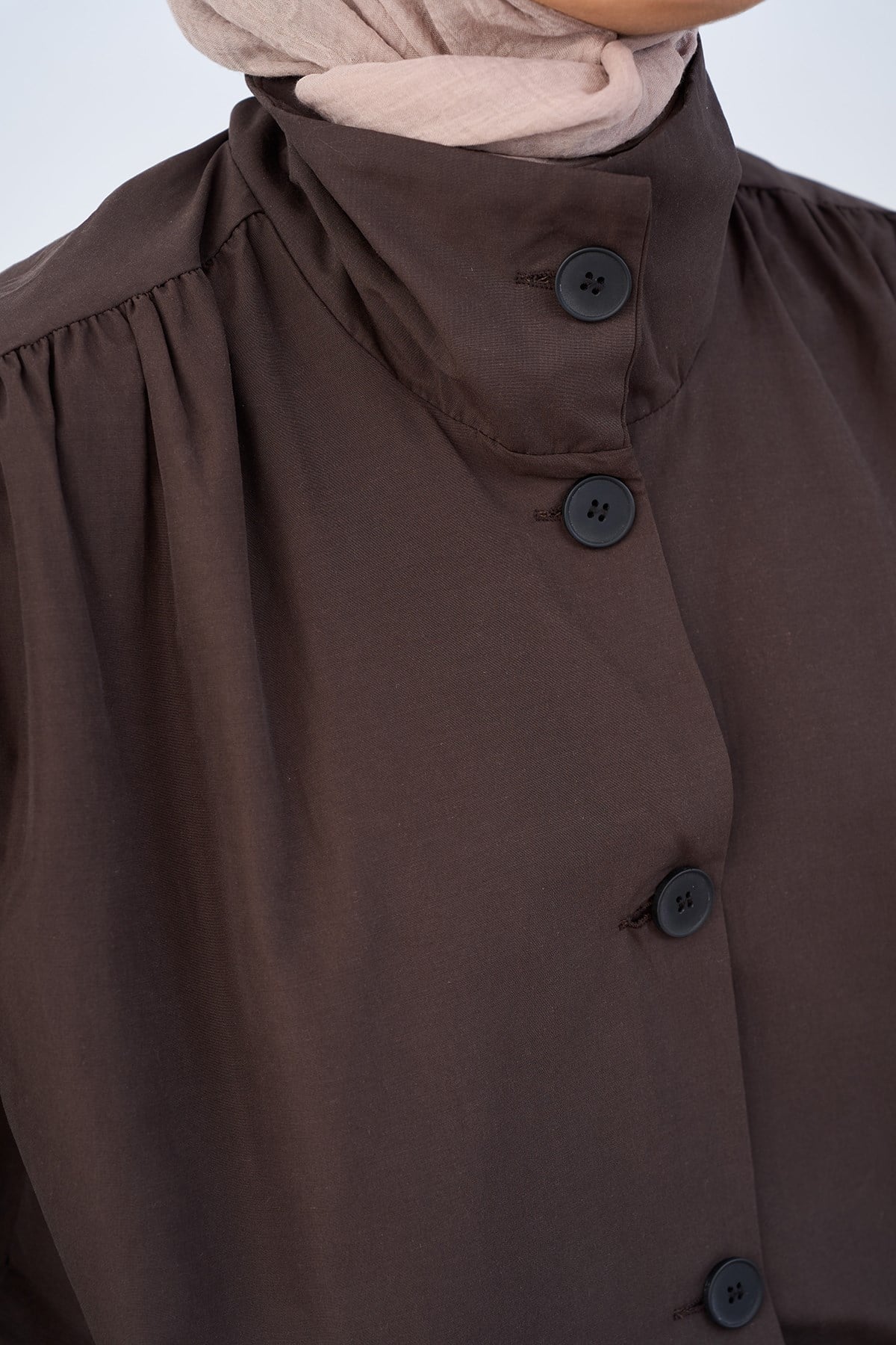 Omuz Büzgülü Düğmeli Beli Ayarlanabilir Bomber Ceket Kahverengi