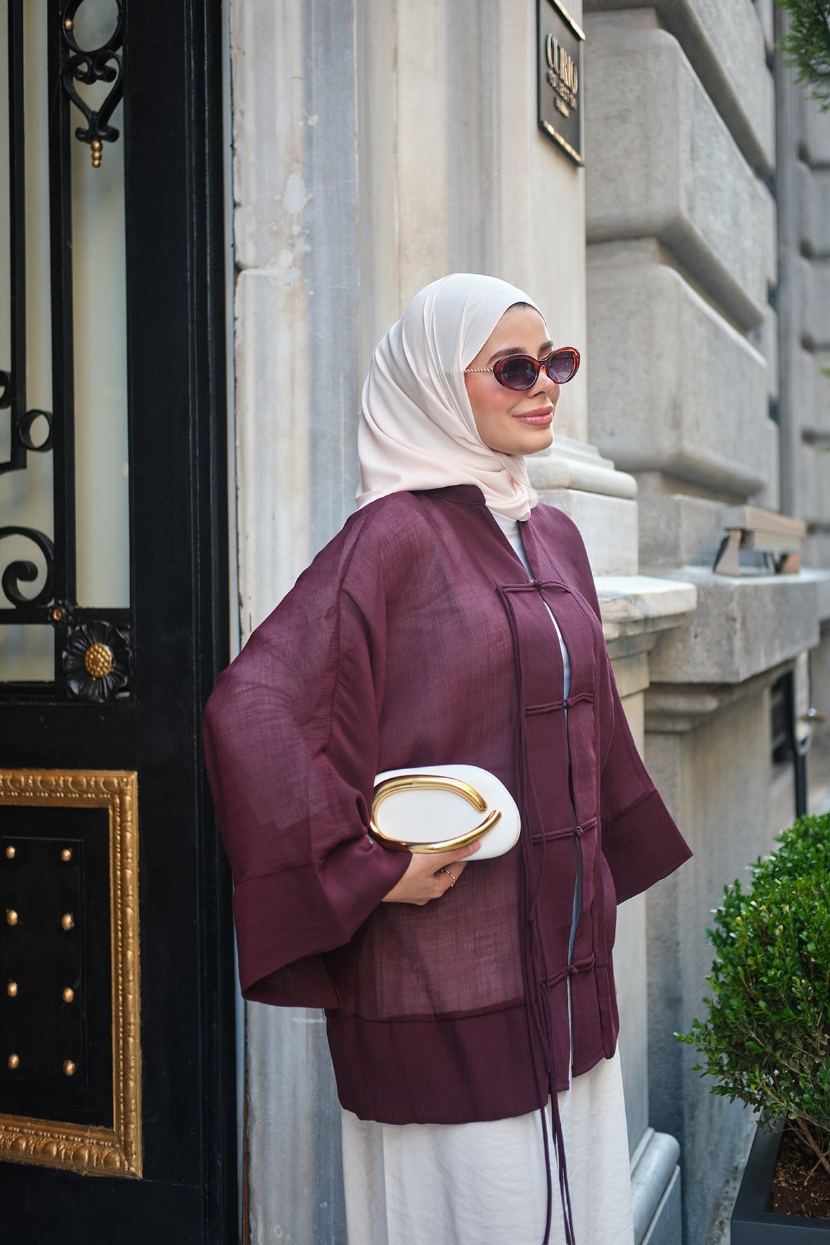 Ön Bağcık Detaylı Geniş Kol Hakim Yaka Tül Kimono Bordo