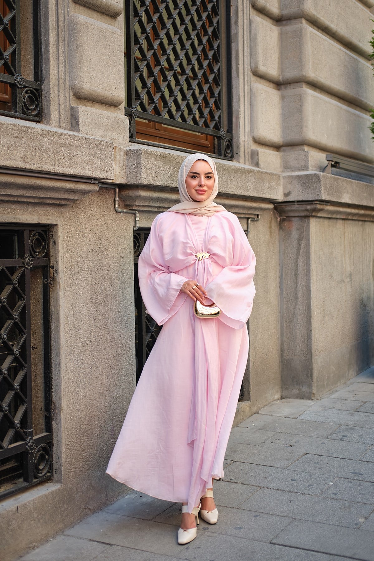 Ön Bağlamalı Pelerinli Elbise Pembe