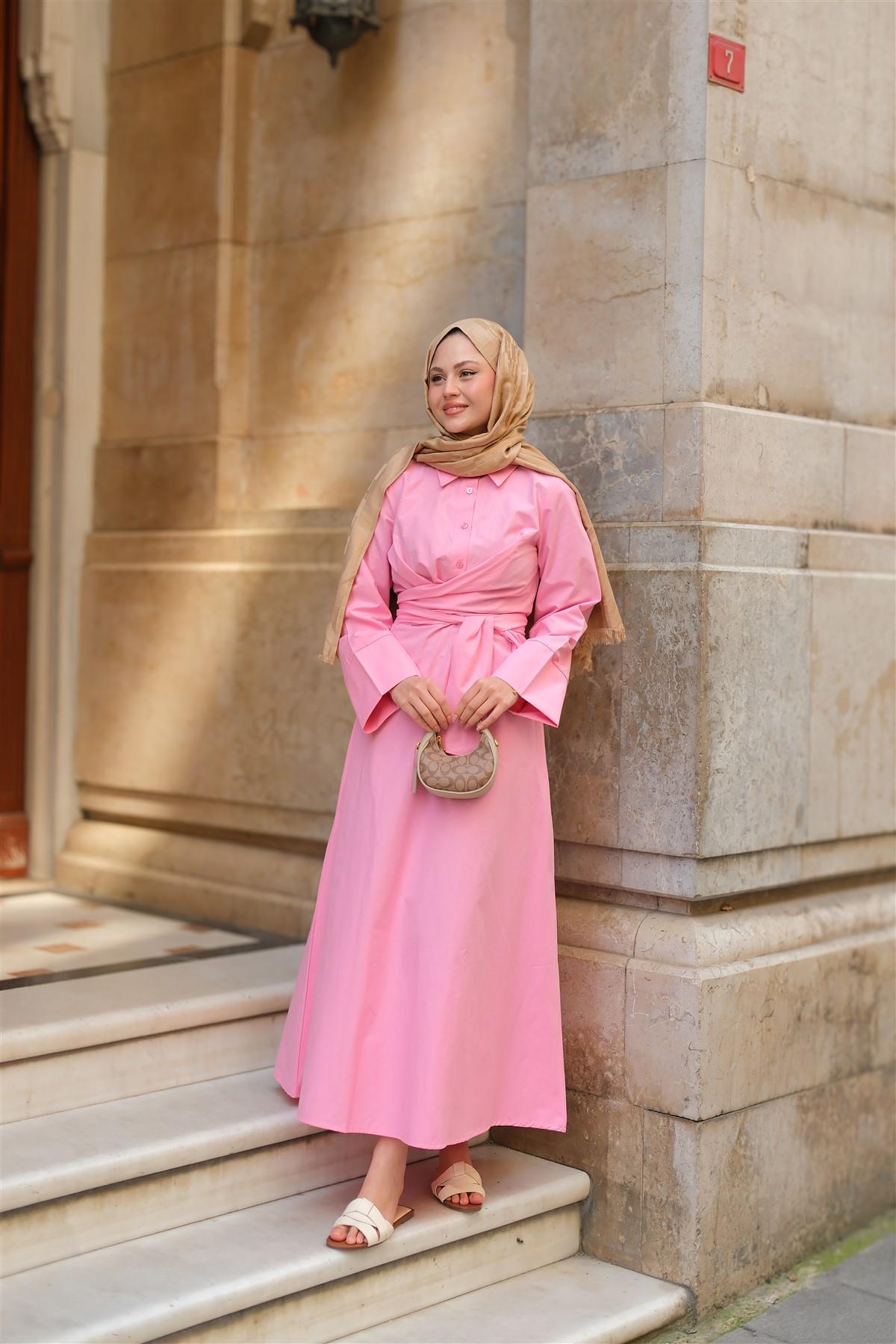 Önden Bağlamalı Elbise Pembe