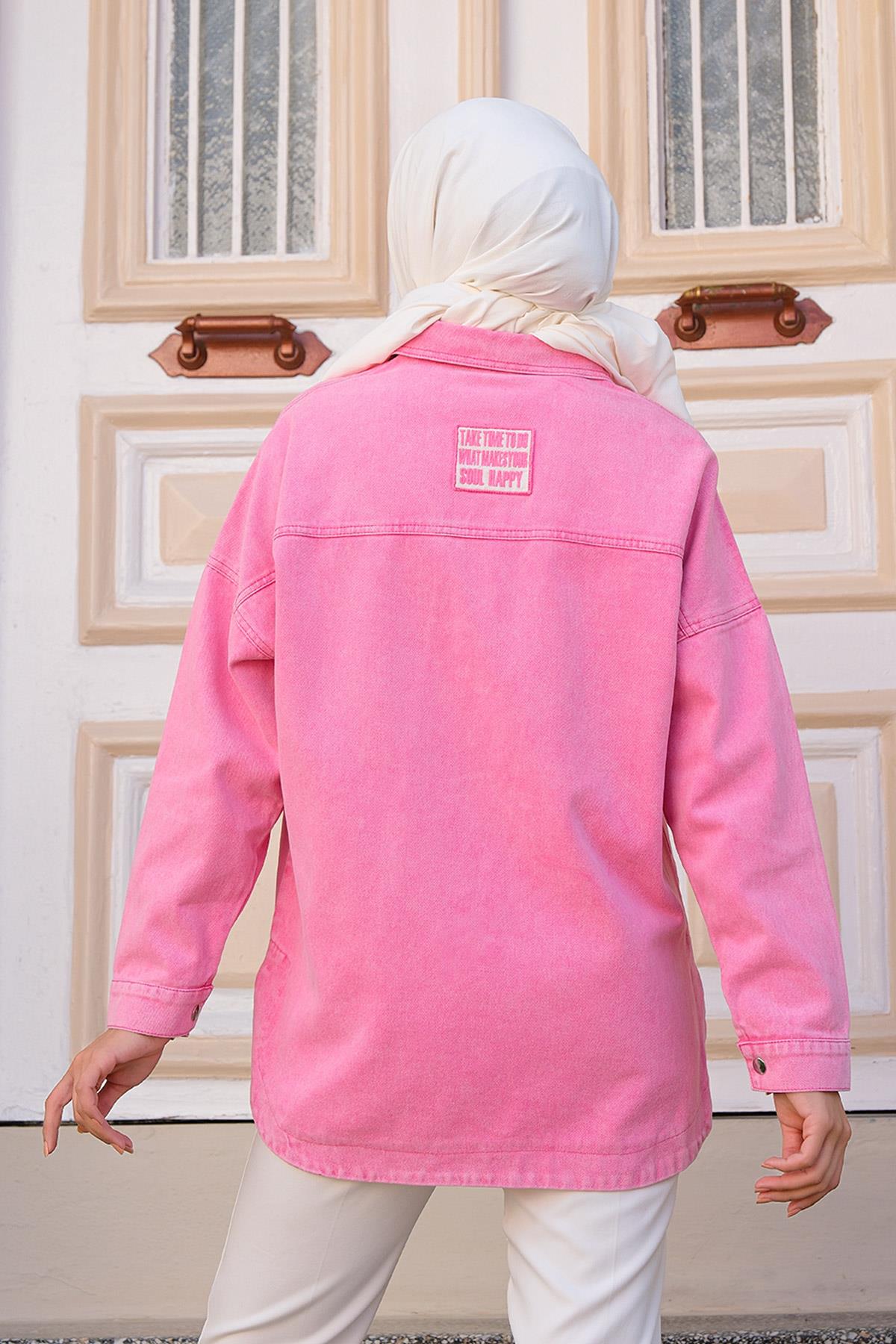 Önden Çıtçıtlı Cepli Kot Gömlek Pembe