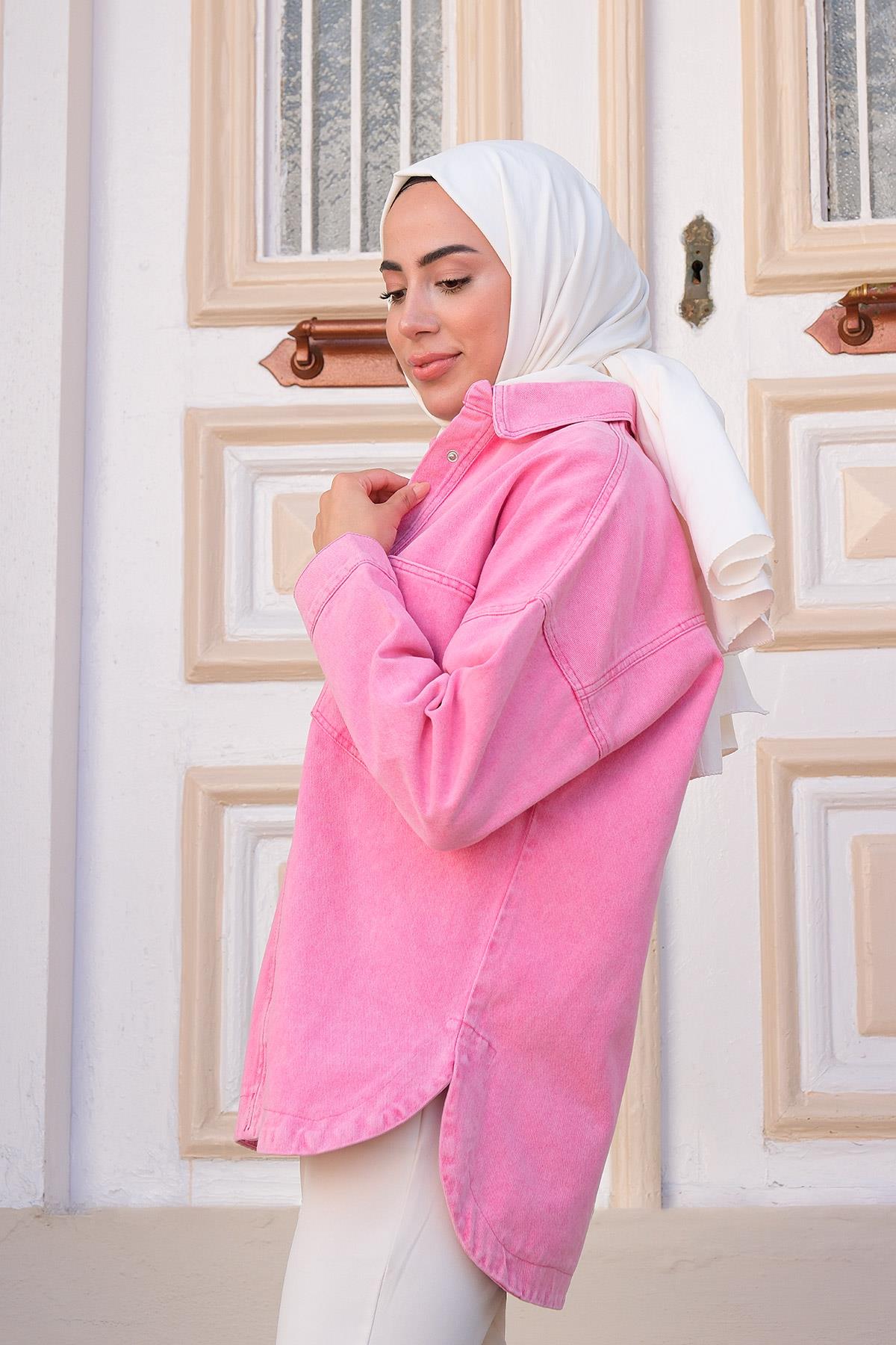 Önden Çıtçıtlı Cepli Kot Gömlek Pembe