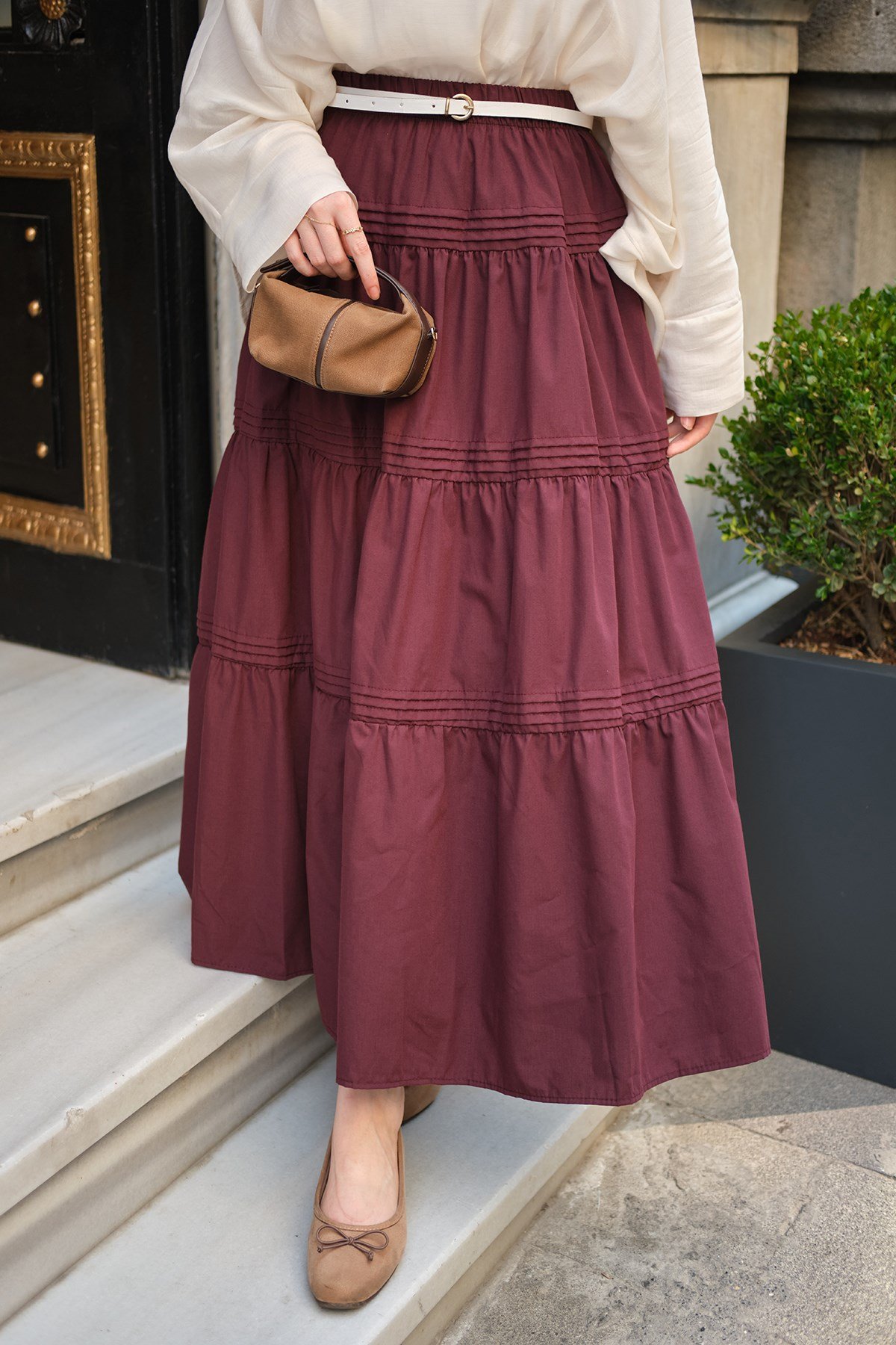 Önü Büzgü Detay Beli Lastikli Etek Mürdüm