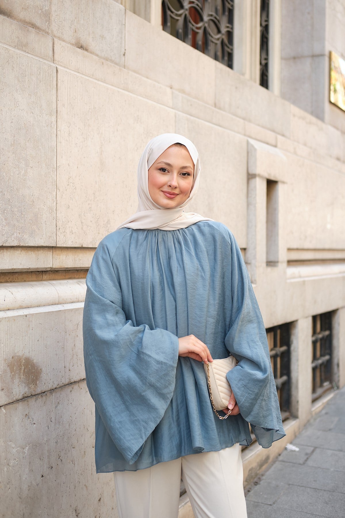 Önü Büzgü Detay Tül Bluz Petrol Mavi