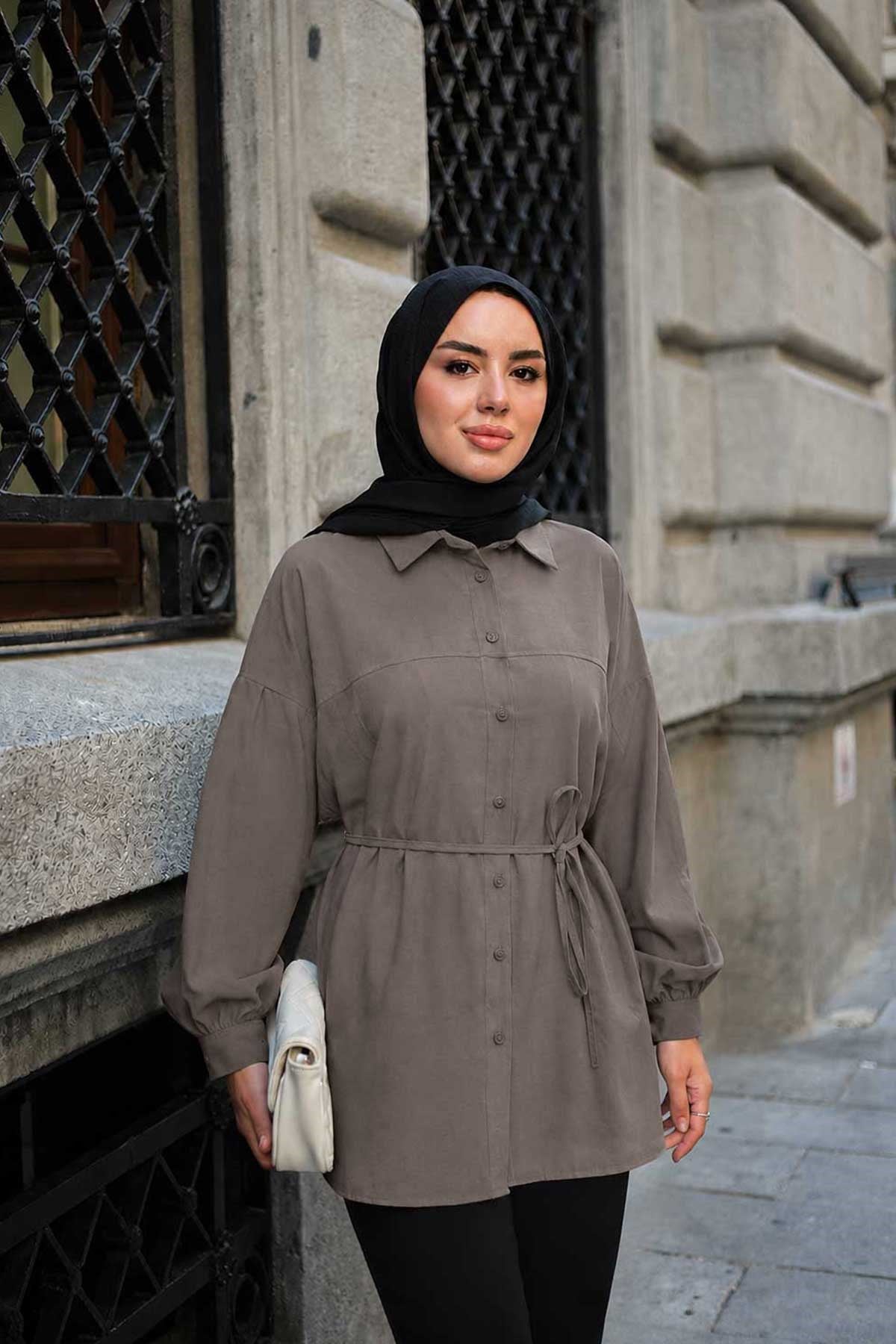 Önü Çimalı Bel Bağlamalı Modal Gömlek Vizon