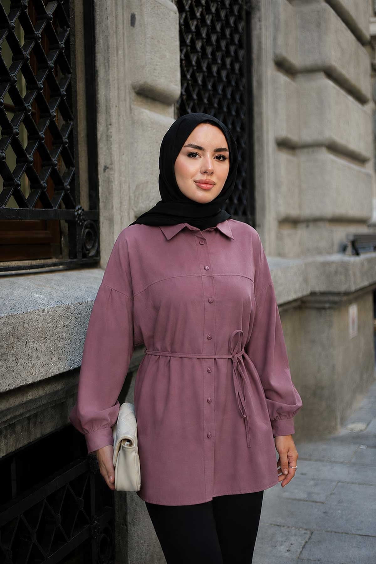 Önü Çimalı Bel Bağlamalı Modal Gömlek Gül Kurusu