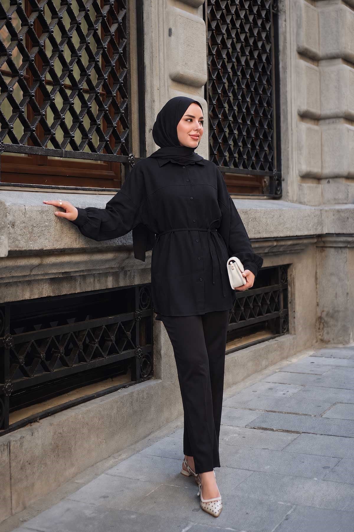 Önü Çimalı Bel Bağlamalı Modal Gömlek Siyah
