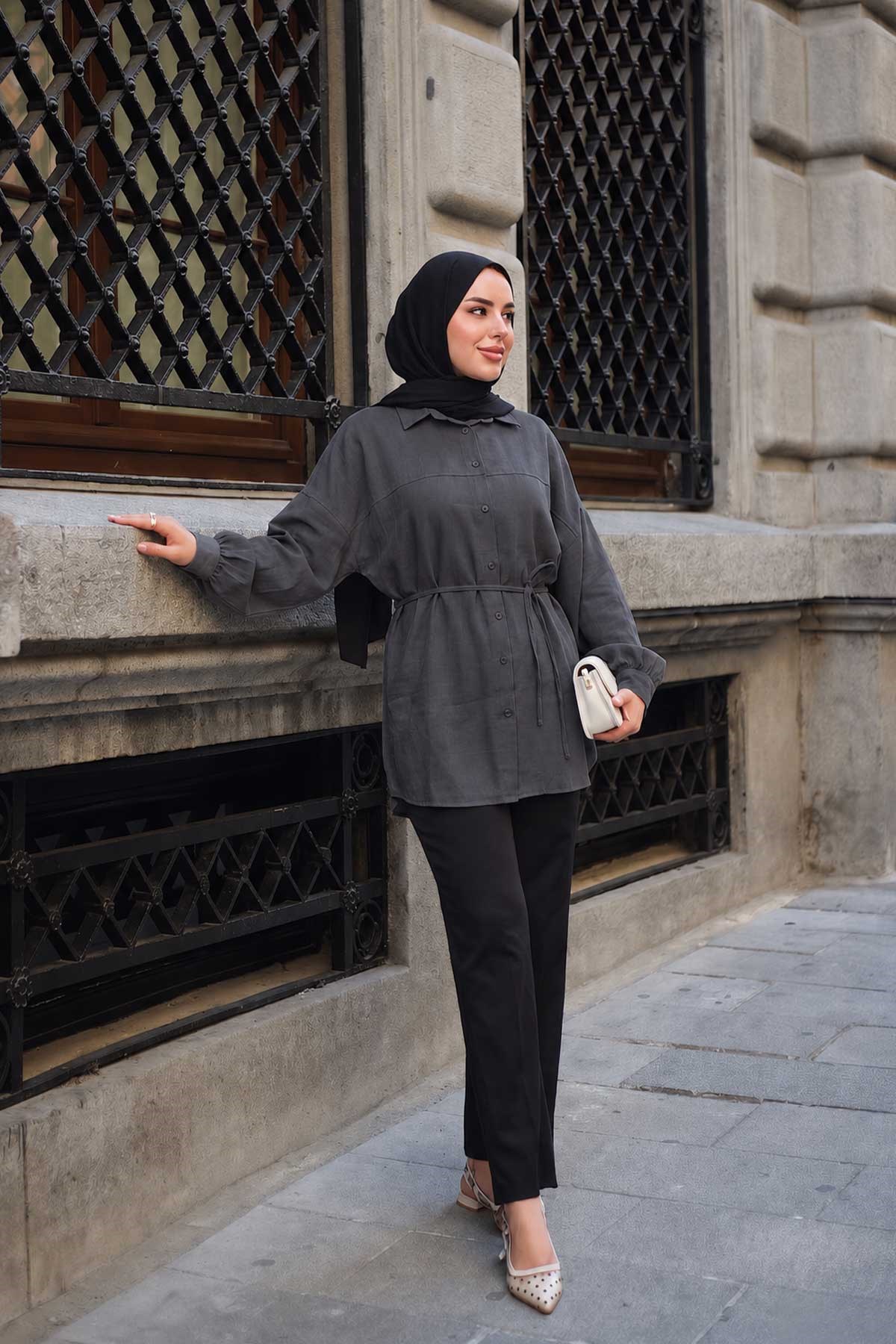 Önü Çimalı Bel Bağlamalı Modal Gömlek Antrasit