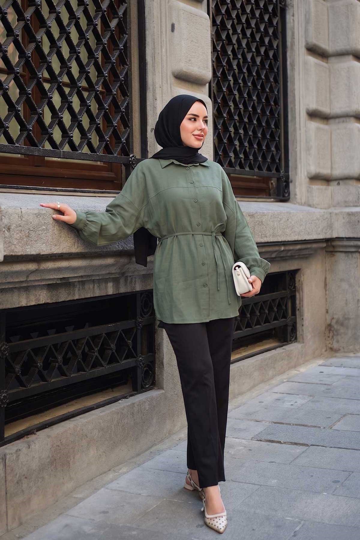 Önü Çimalı Bel Bağlamalı Modal Gömlek Haki Yeşil