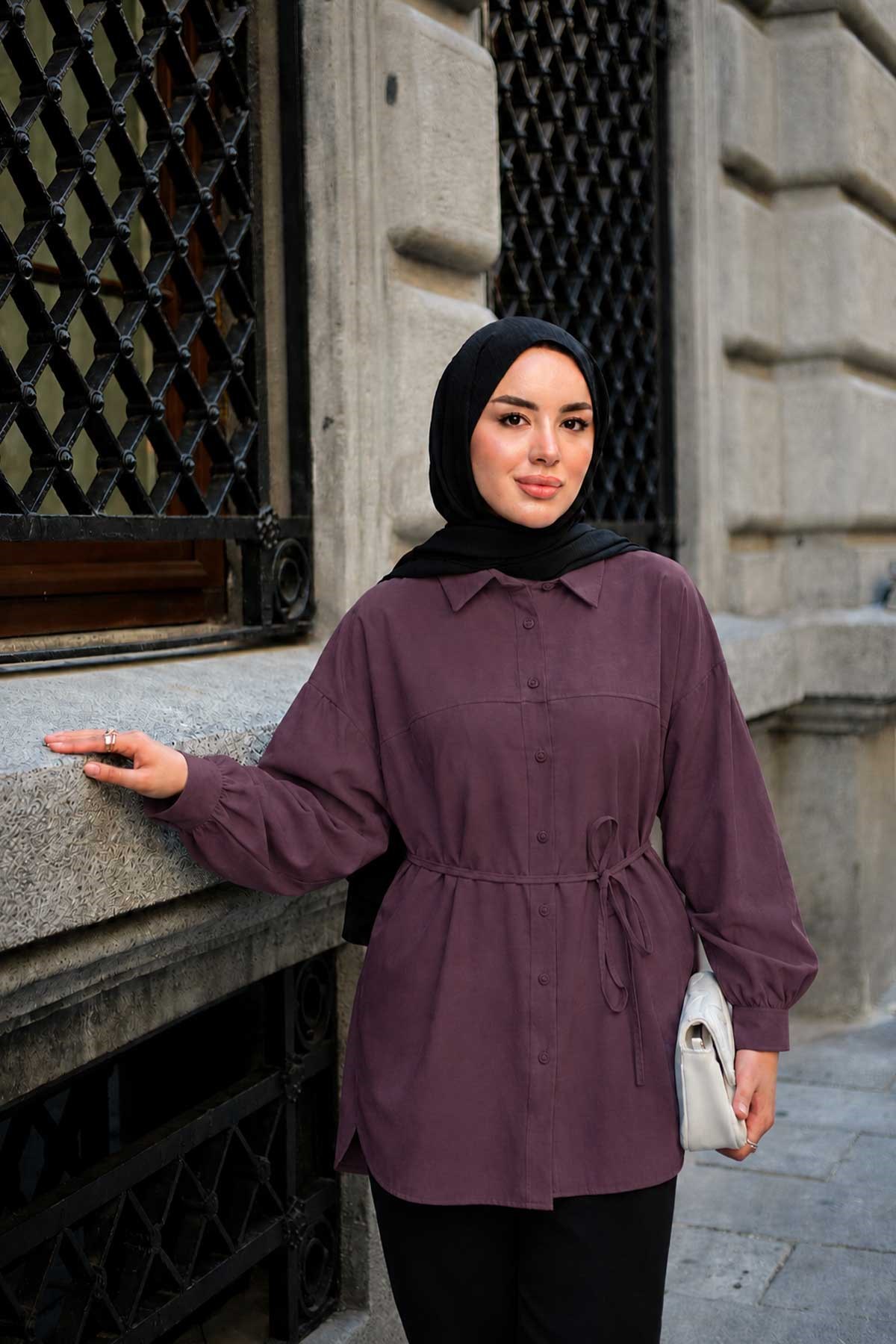 Önü Çimalı Bel Bağlamalı Modal Gömlek Bordo