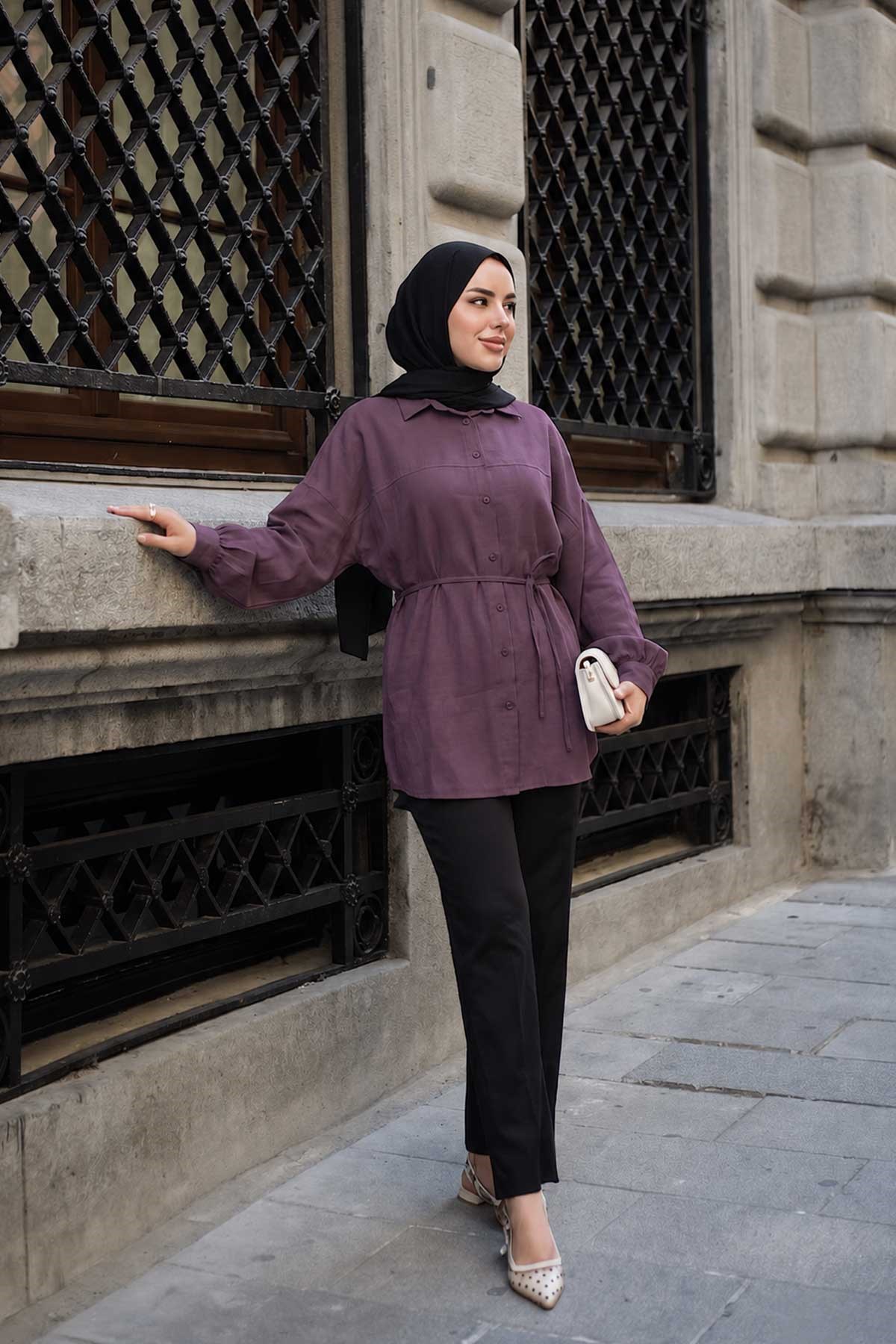 Önü Çimalı Bel Bağlamalı Modal Gömlek Bordo