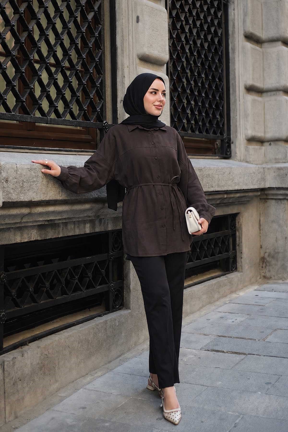 Önü Çimalı Bel Bağlamalı Modal Gömlek Acı Kahve