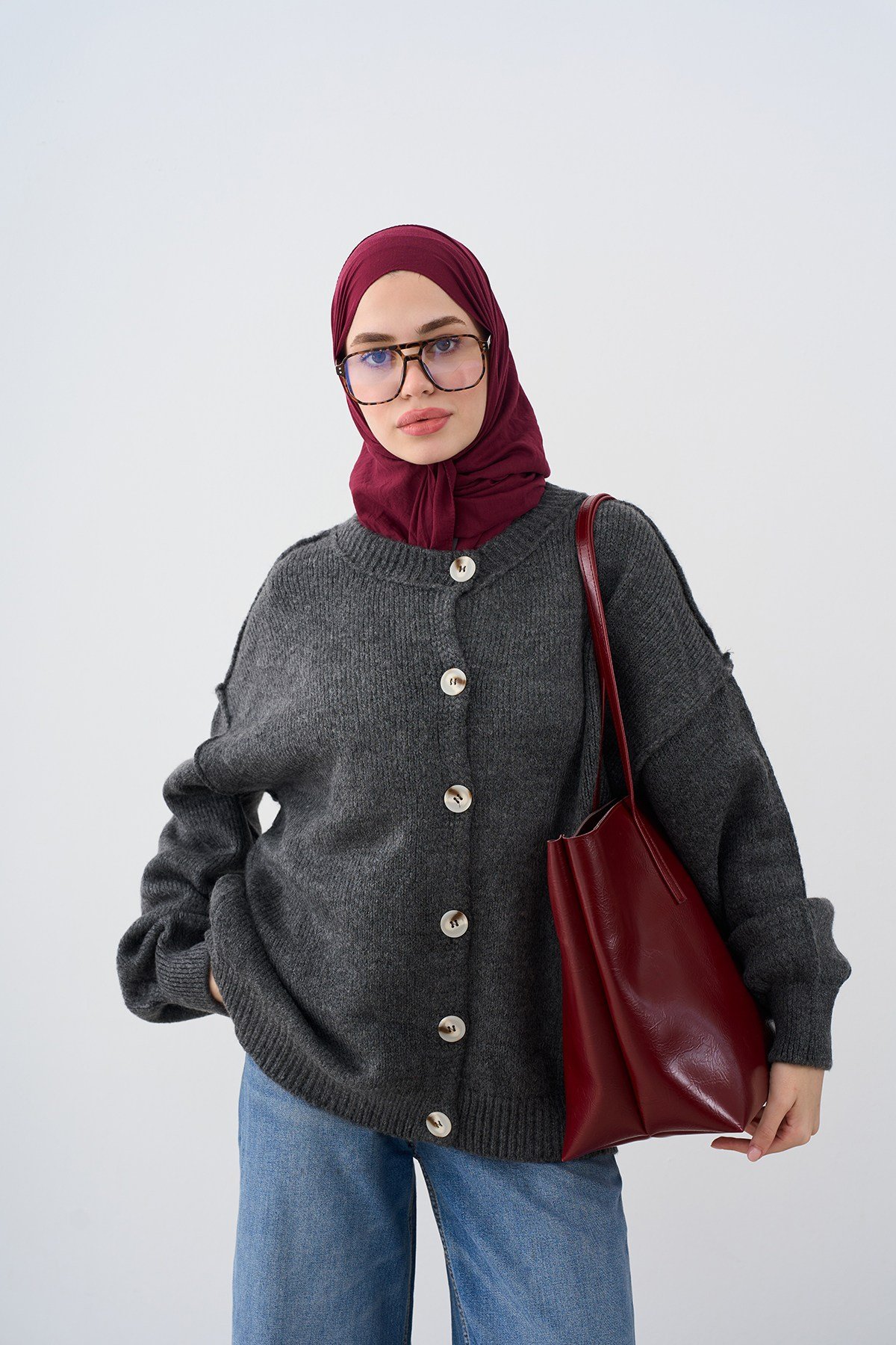 Önü Düğmeli Oversize Triko Hırka Antrasit
