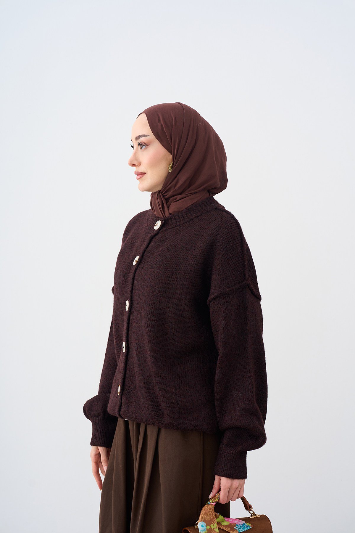 Önü Düğmeli Oversize Triko Hırka Mürdüm