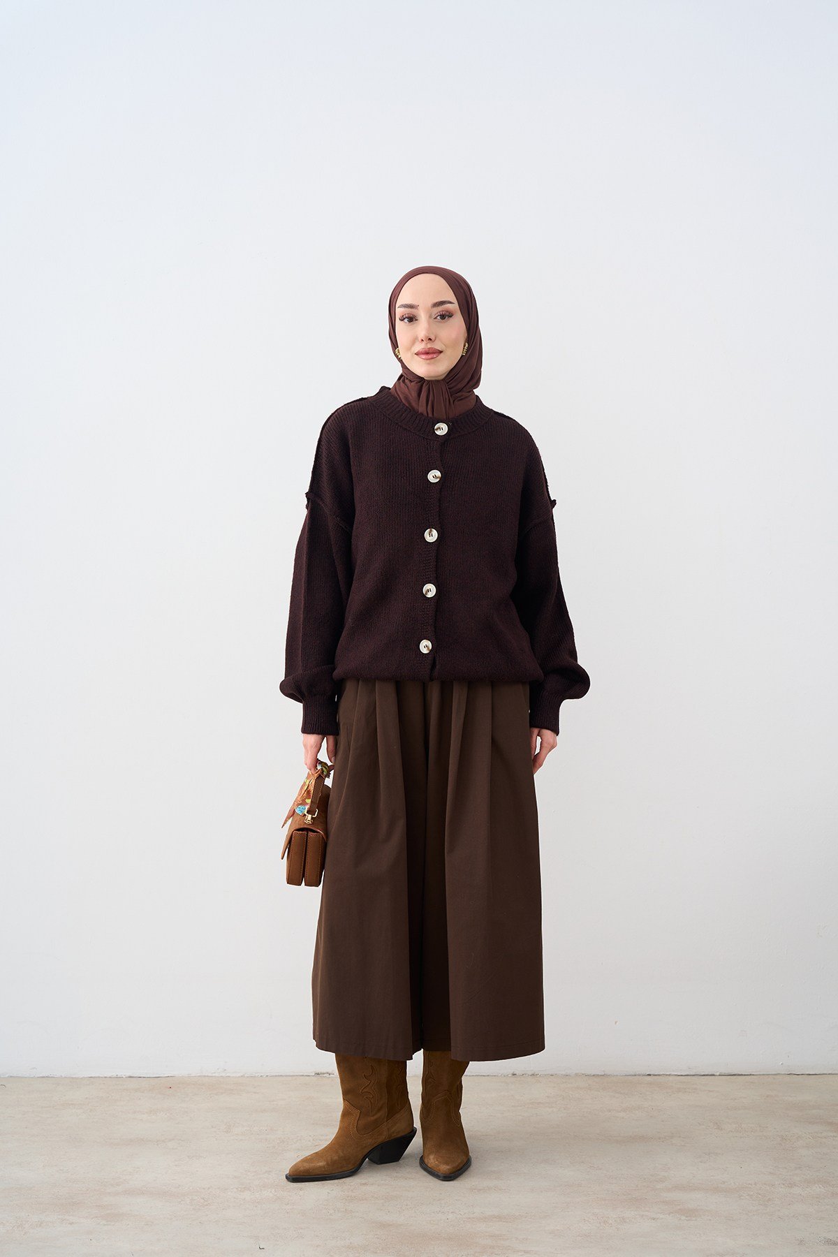 Önü Düğmeli Oversize Triko Hırka Mürdüm