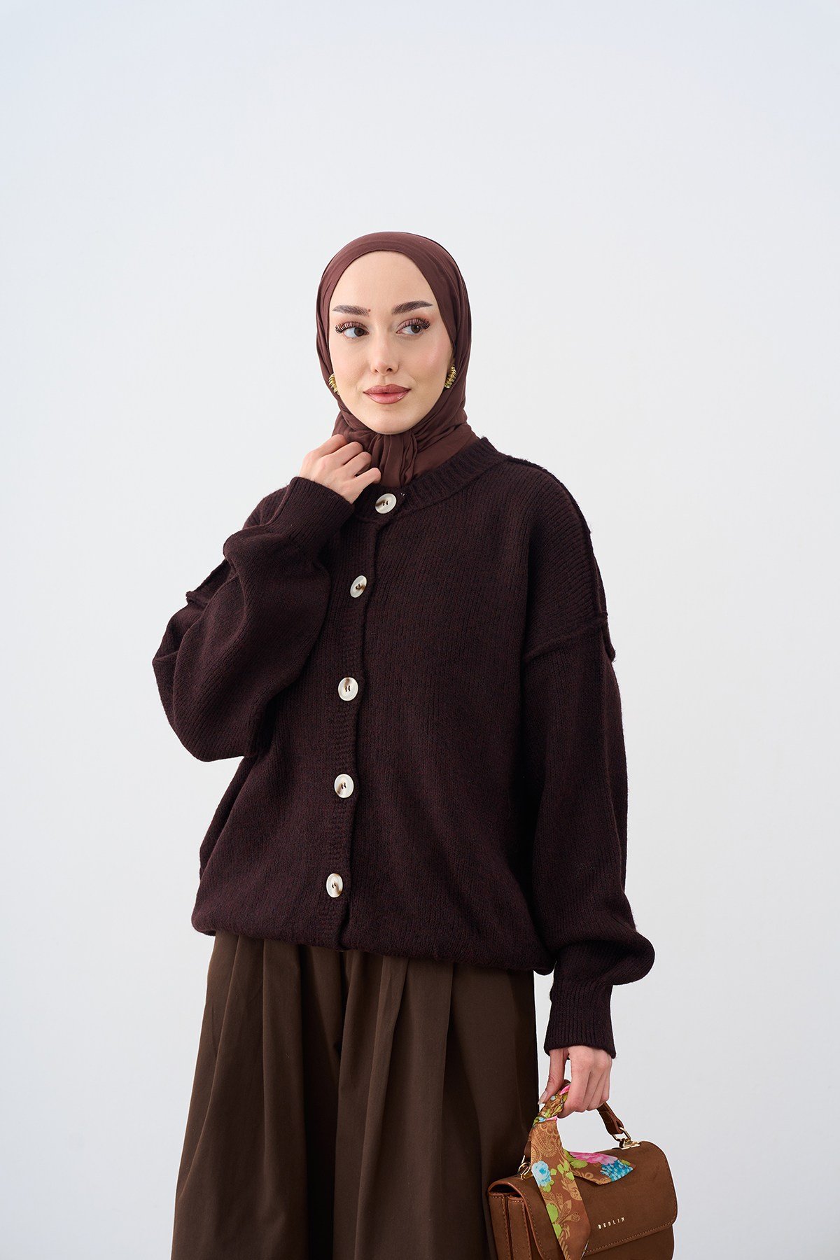 Önü Düğmeli Oversize Triko Hırka Mürdüm