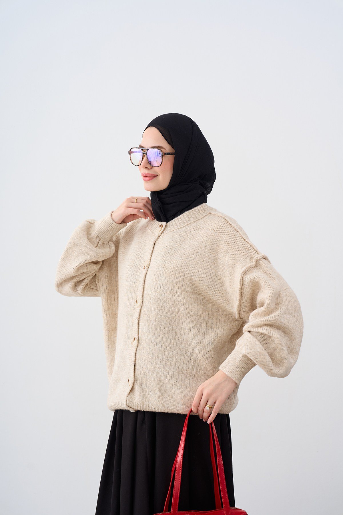 Önü Düğmeli Oversize Triko Hırka Taş
