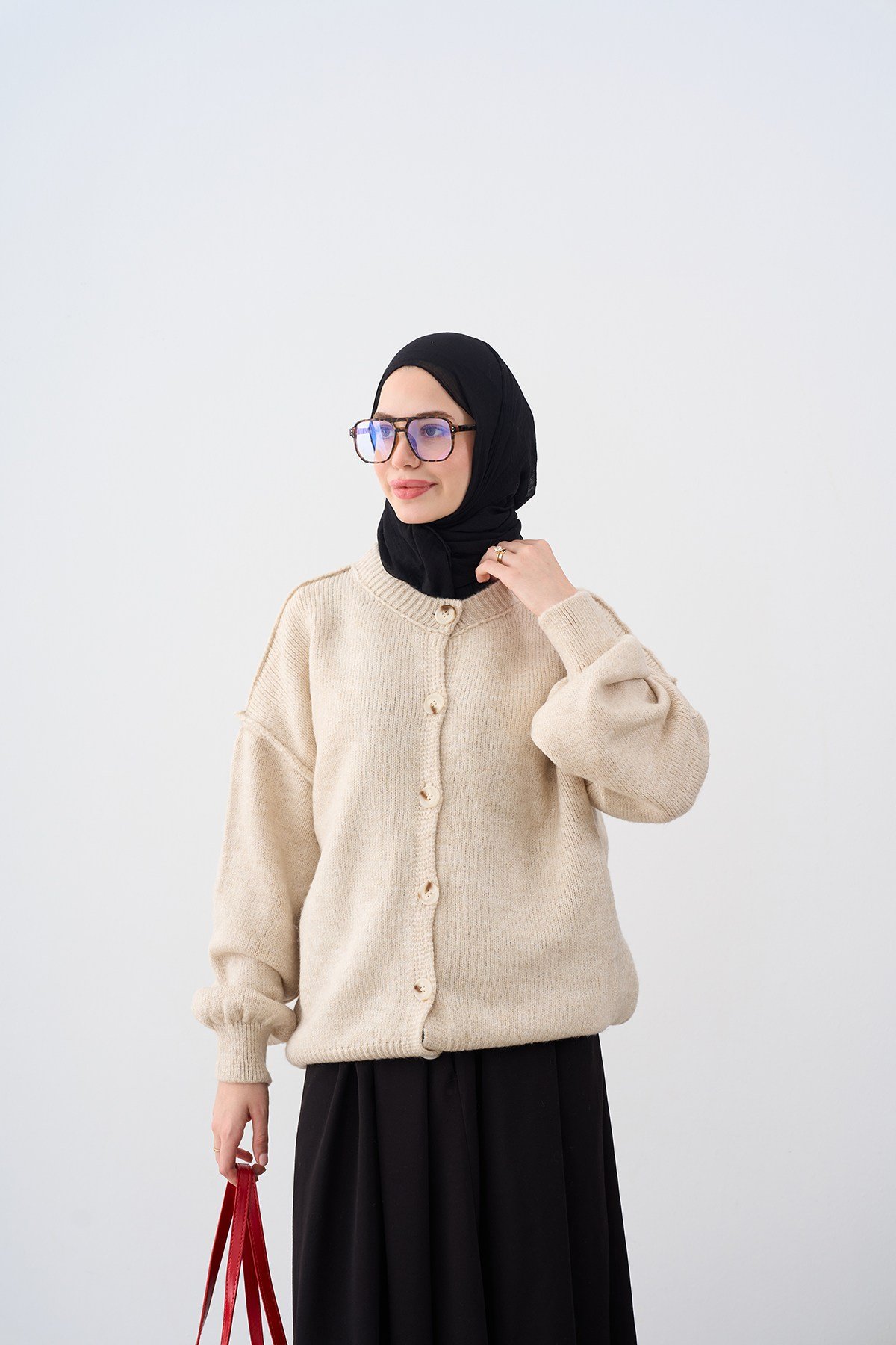 Önü Düğmeli Oversize Triko Hırka Taş