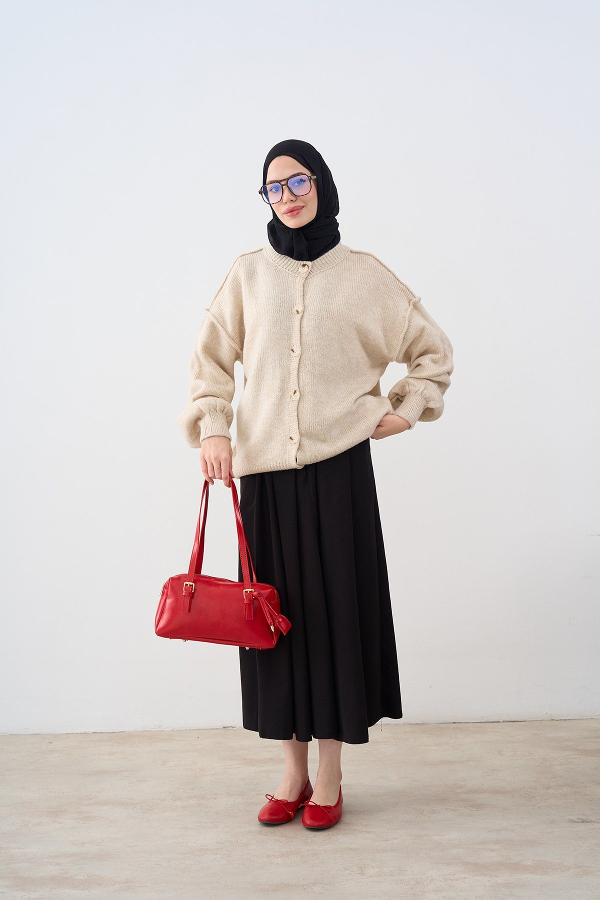 Önü Düğmeli Oversize Triko Hırka Taş