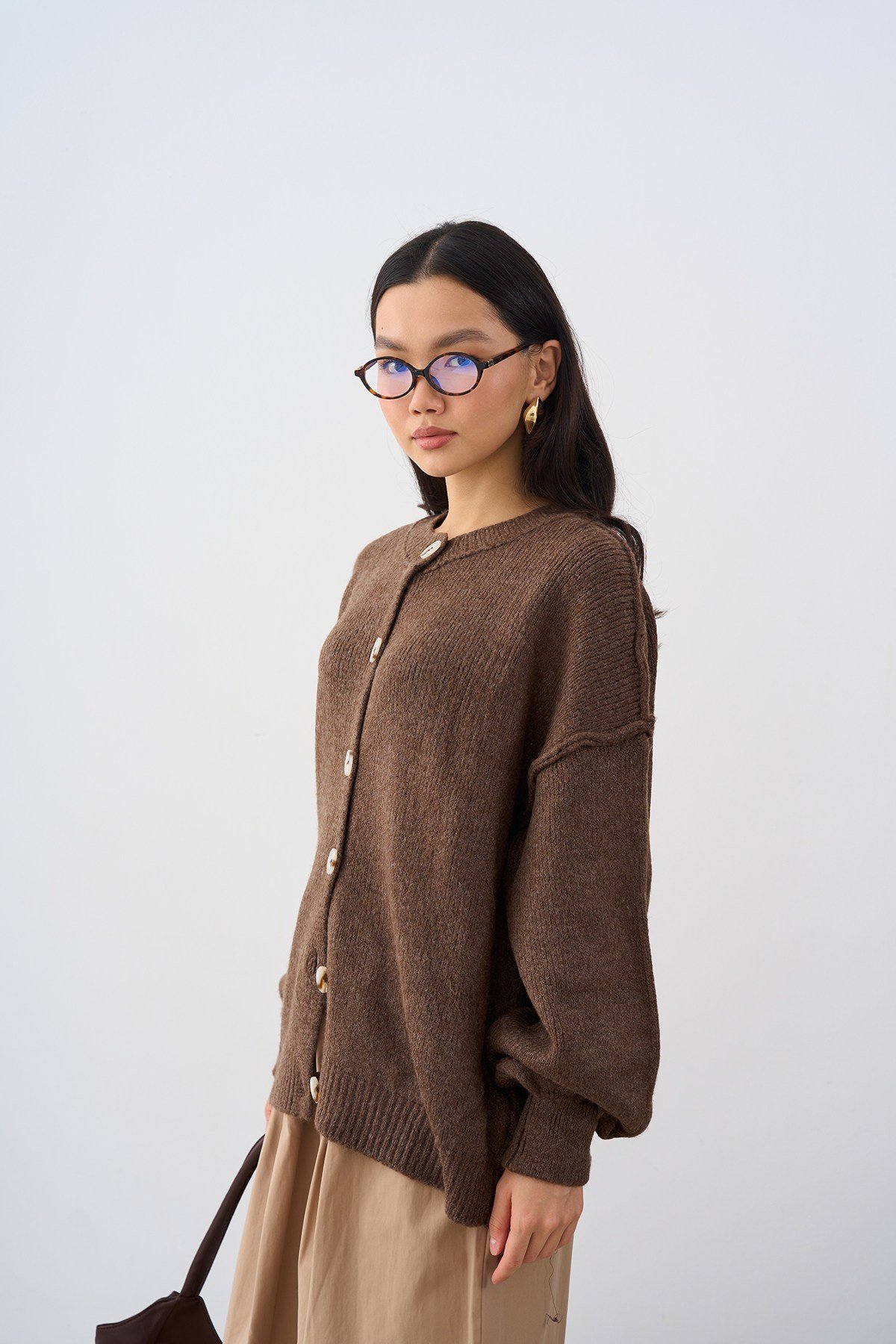 Önü Düğmeli Oversize Triko Hırka Vizon