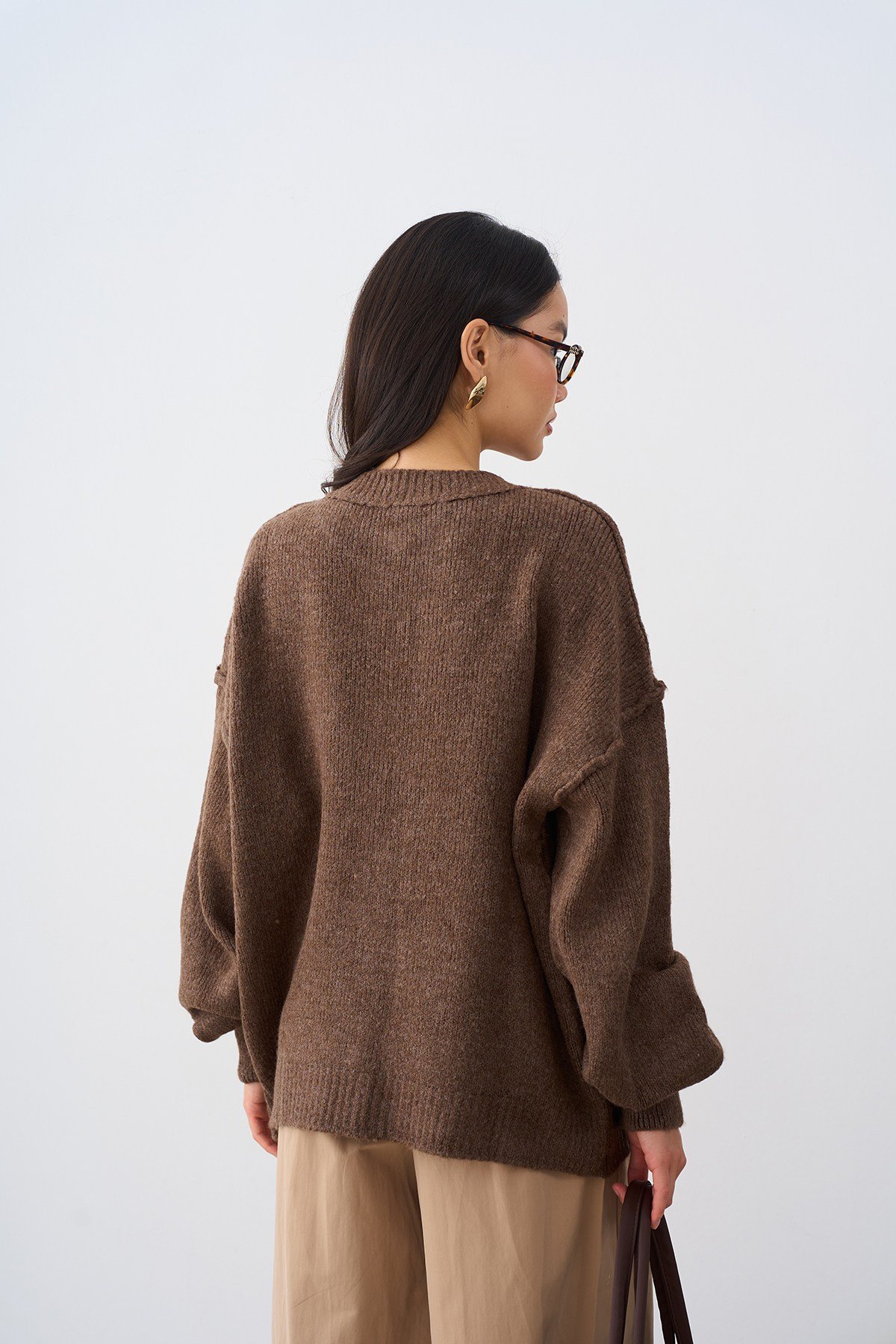 Önü Düğmeli Oversize Triko Hırka Vizon