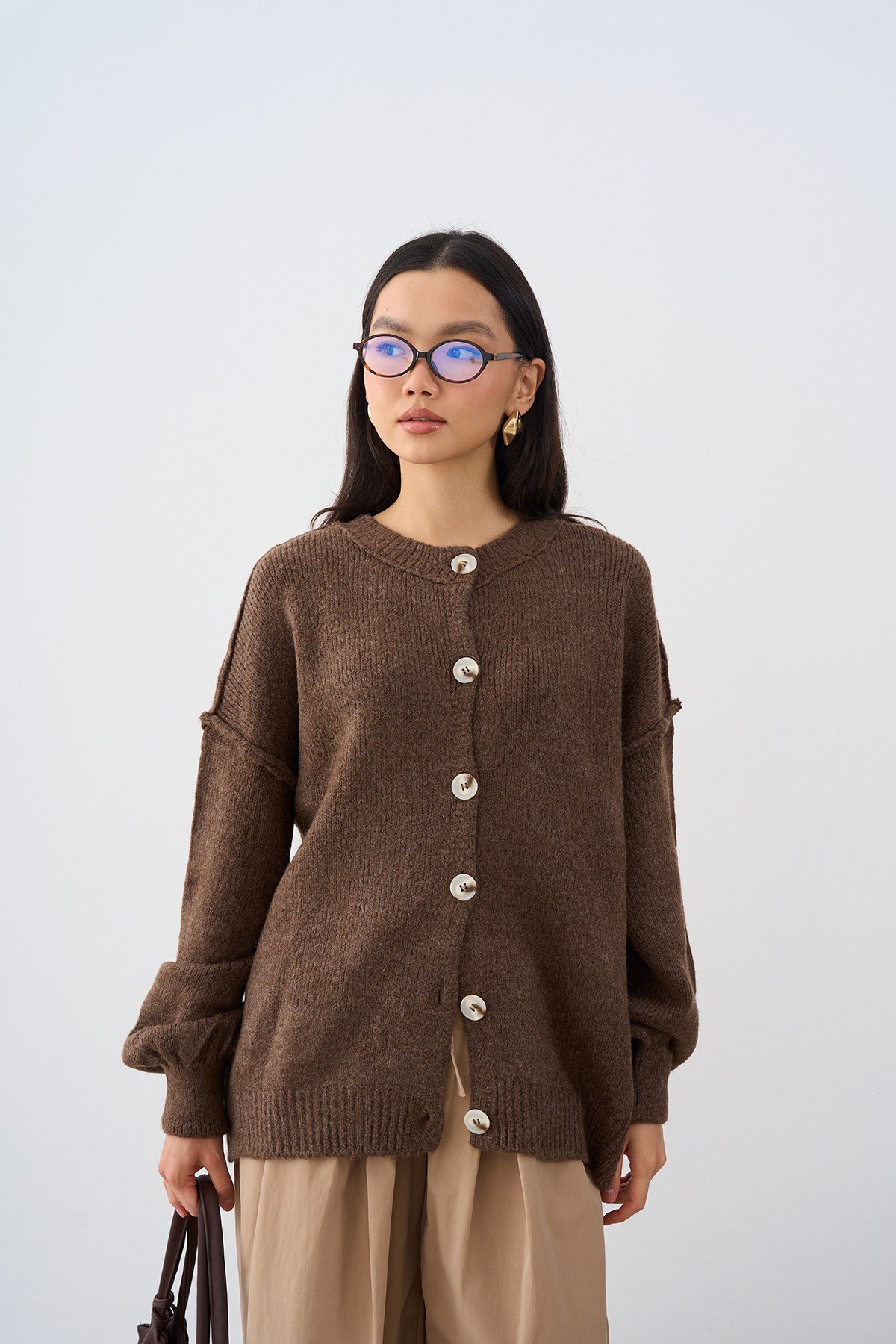 Önü Düğmeli Oversize Triko Hırka Vizon