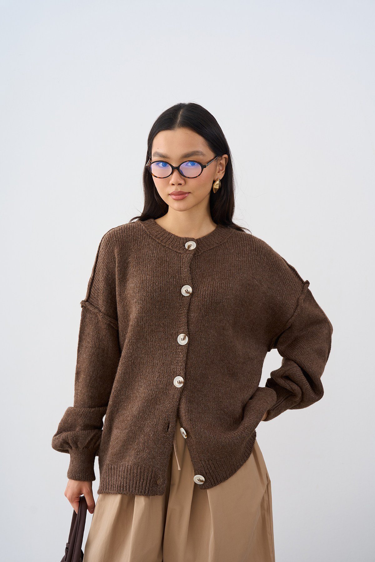 Önü Düğmeli Oversize Triko Hırka Vizon
