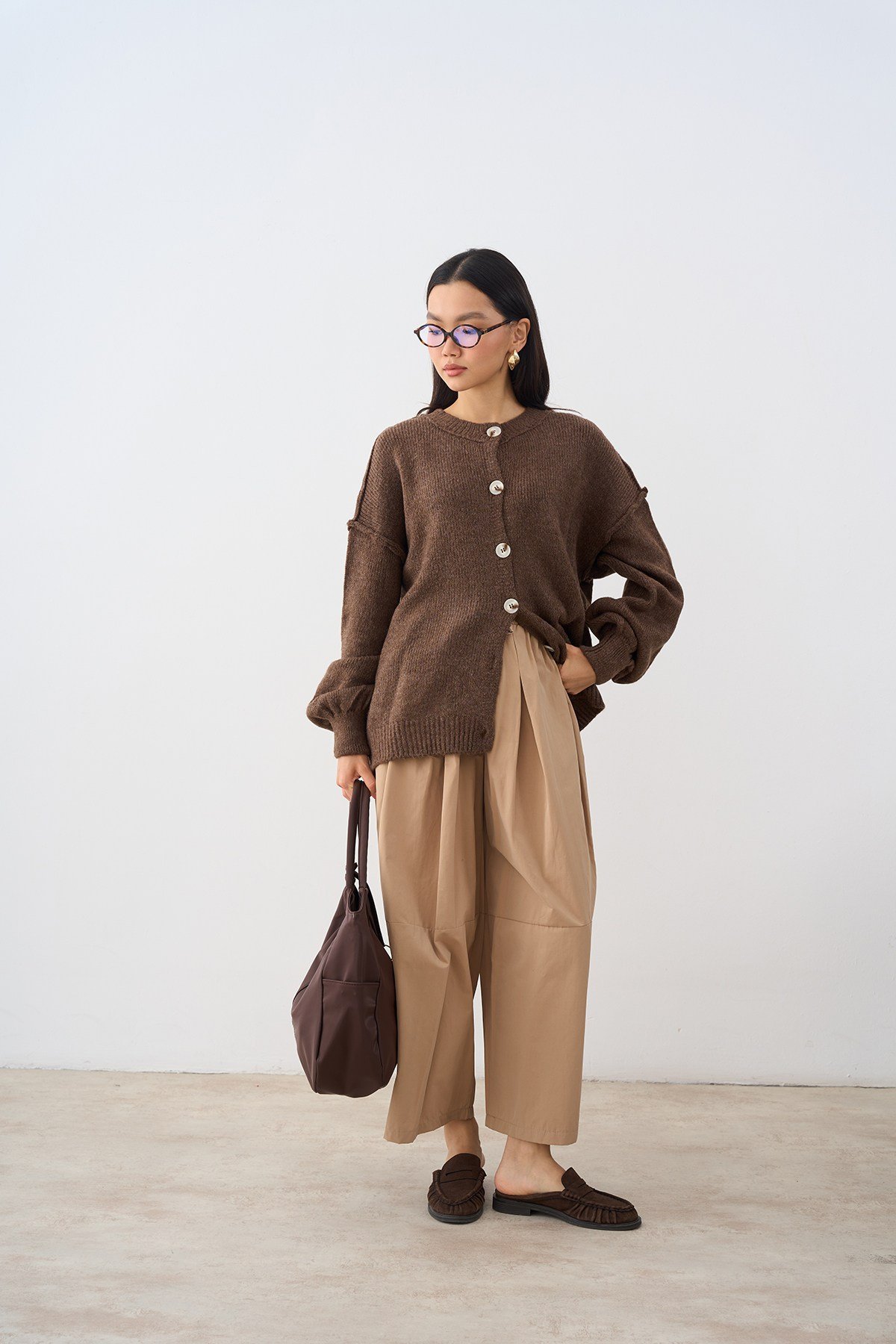 Önü Düğmeli Oversize Triko Hırka Vizon