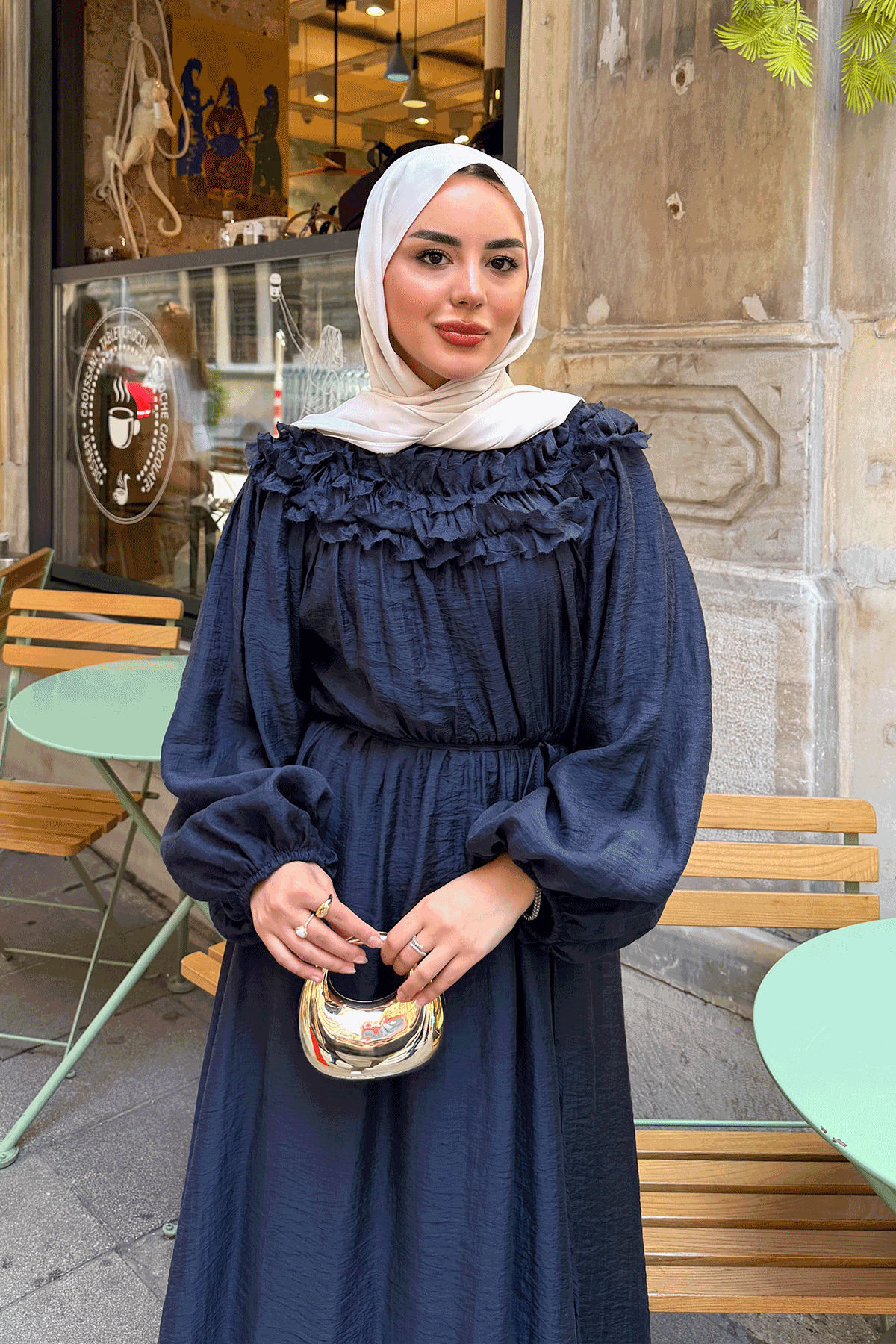 Önü Fırfır Detay Bel Bağlamalı Elbise Lacivert