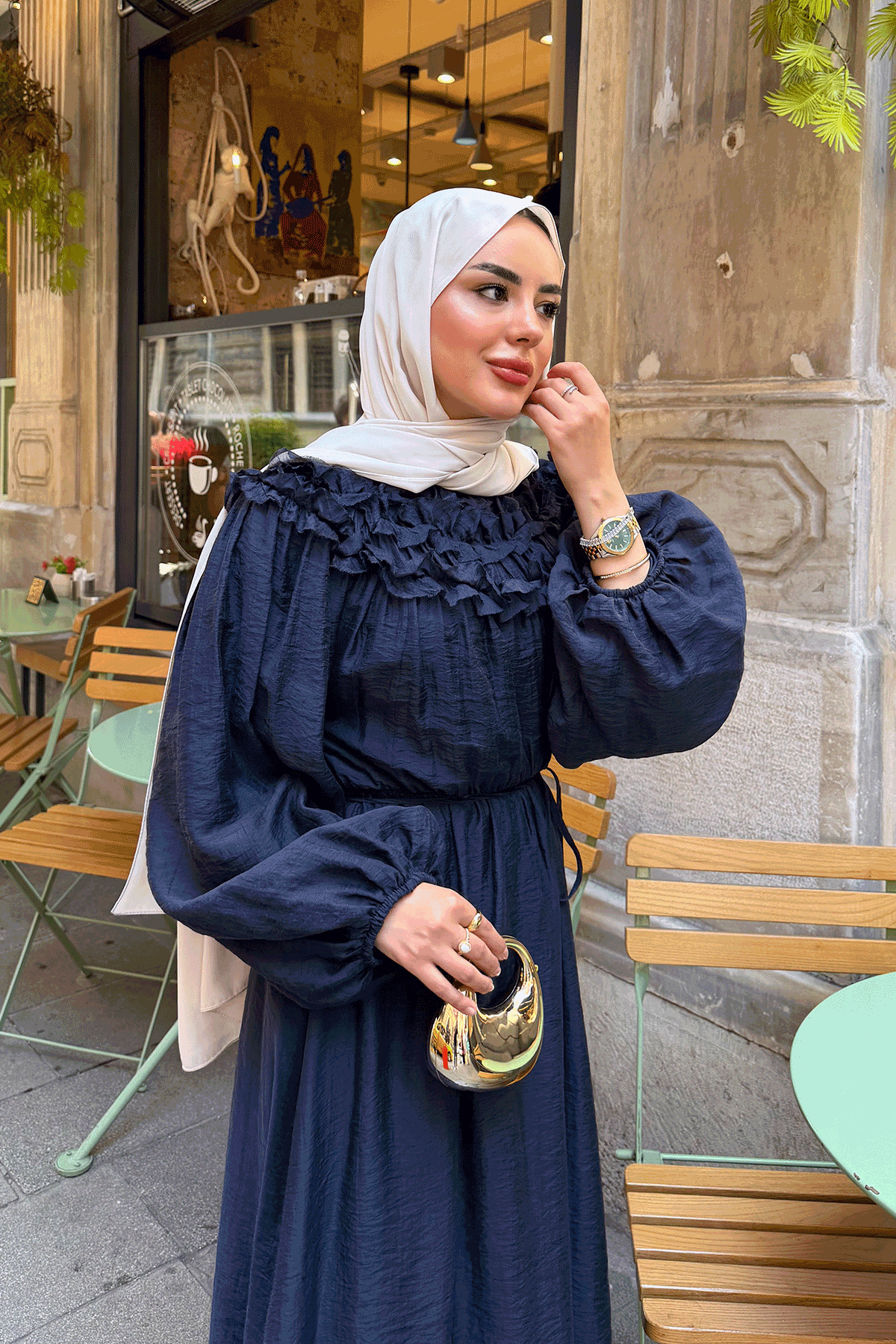 Önü Fırfır Detay Bel Bağlamalı Elbise Lacivert
