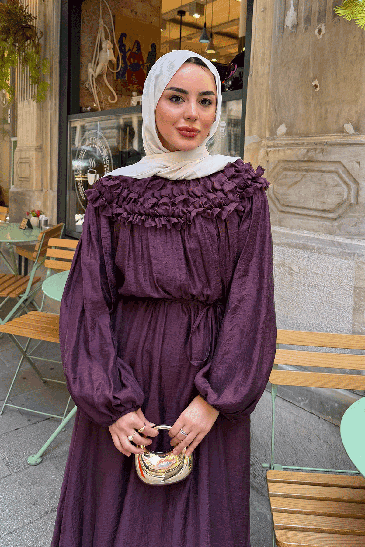 Önü Fırfır Detay Bel Bağlamalı Elbise Mürdüm