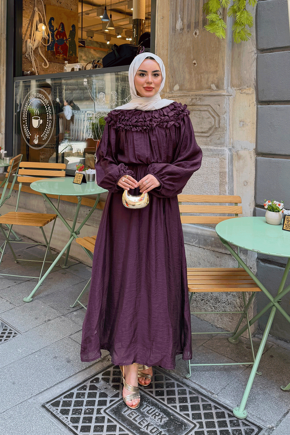 Önü Fırfır Detay Bel Bağlamalı Elbise Mürdüm