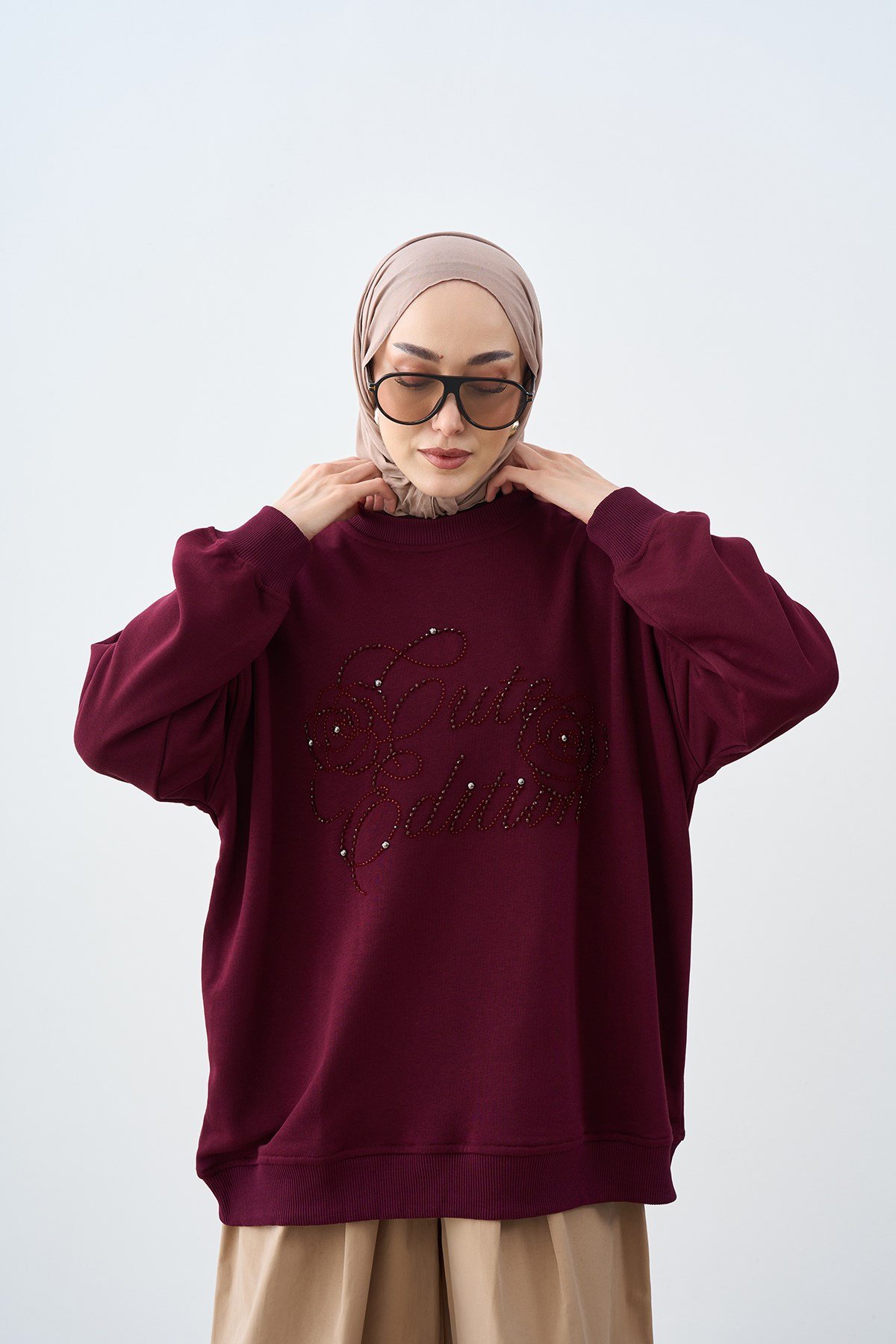 Önü İşlemeli Balon Kol Sweatshirt Bordo