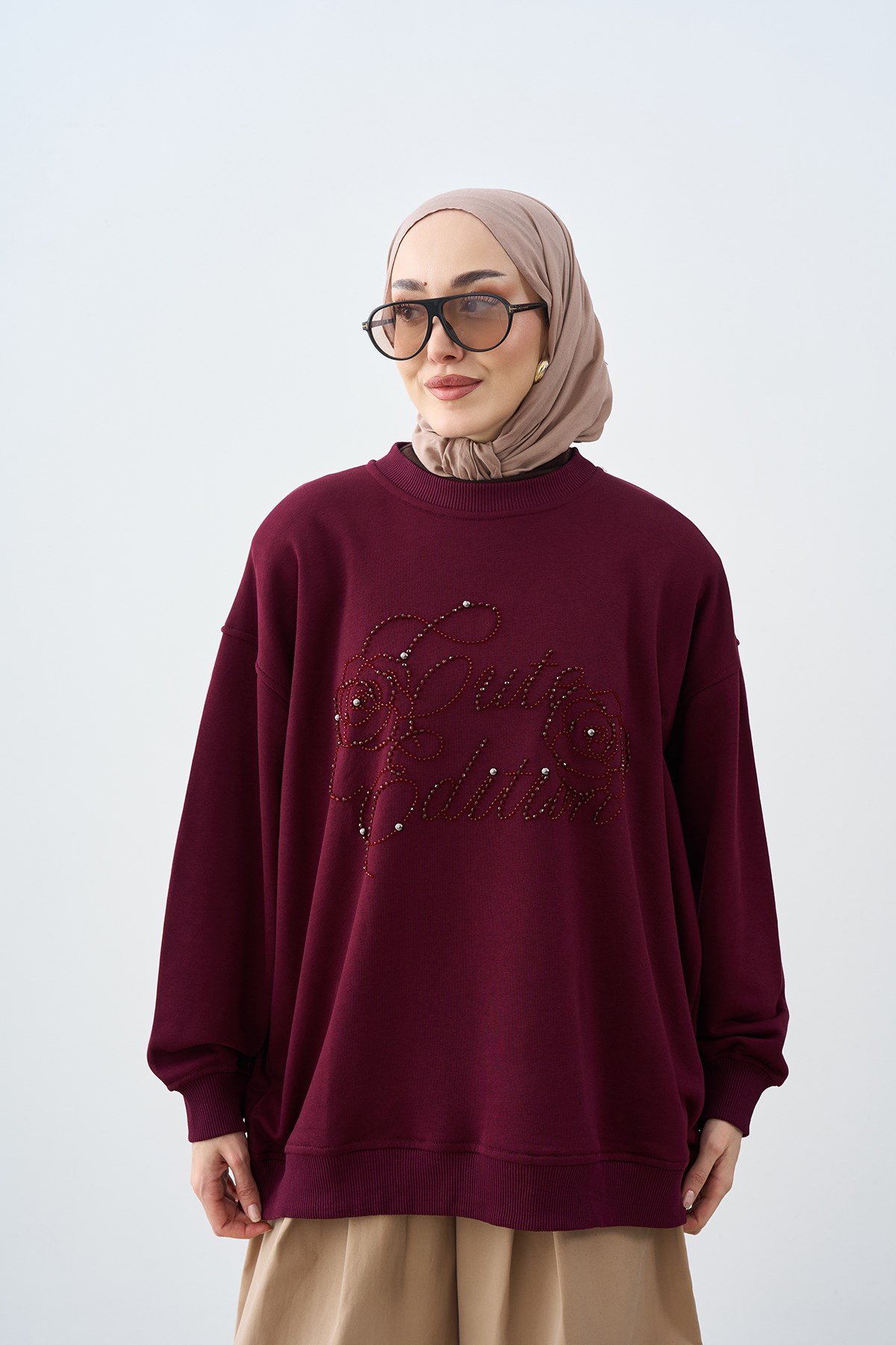 Önü İşlemeli Balon Kol Sweatshirt Bordo