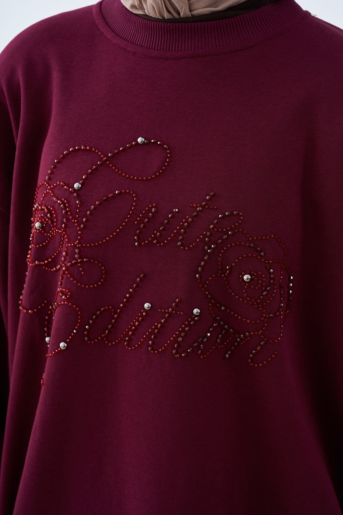 Önü İşlemeli Balon Kol Sweatshirt Bordo