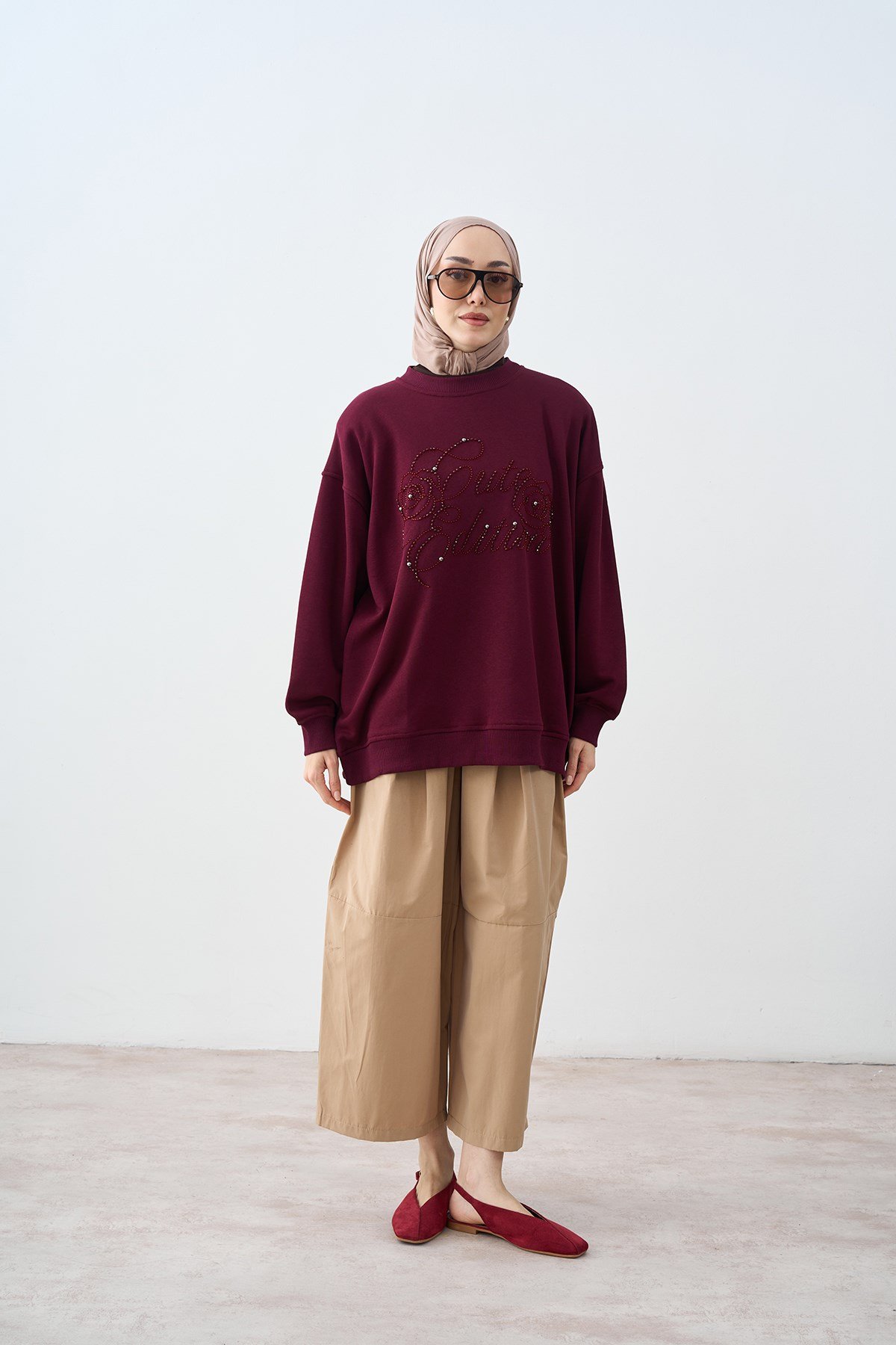 Önü İşlemeli Balon Kol Sweatshirt Bordo