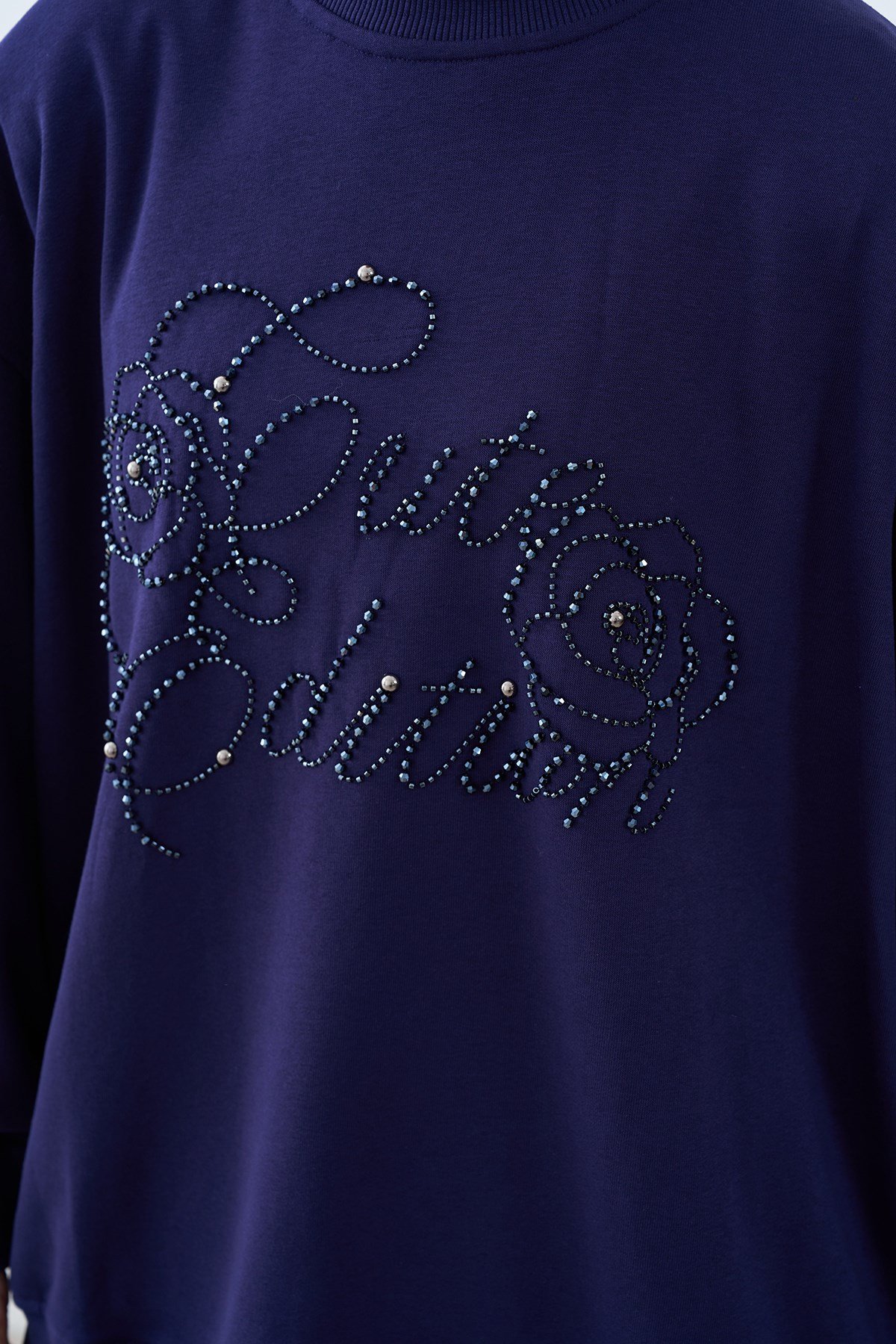 Önü İşlemeli Balon Kol Sweatshirt Lacivert